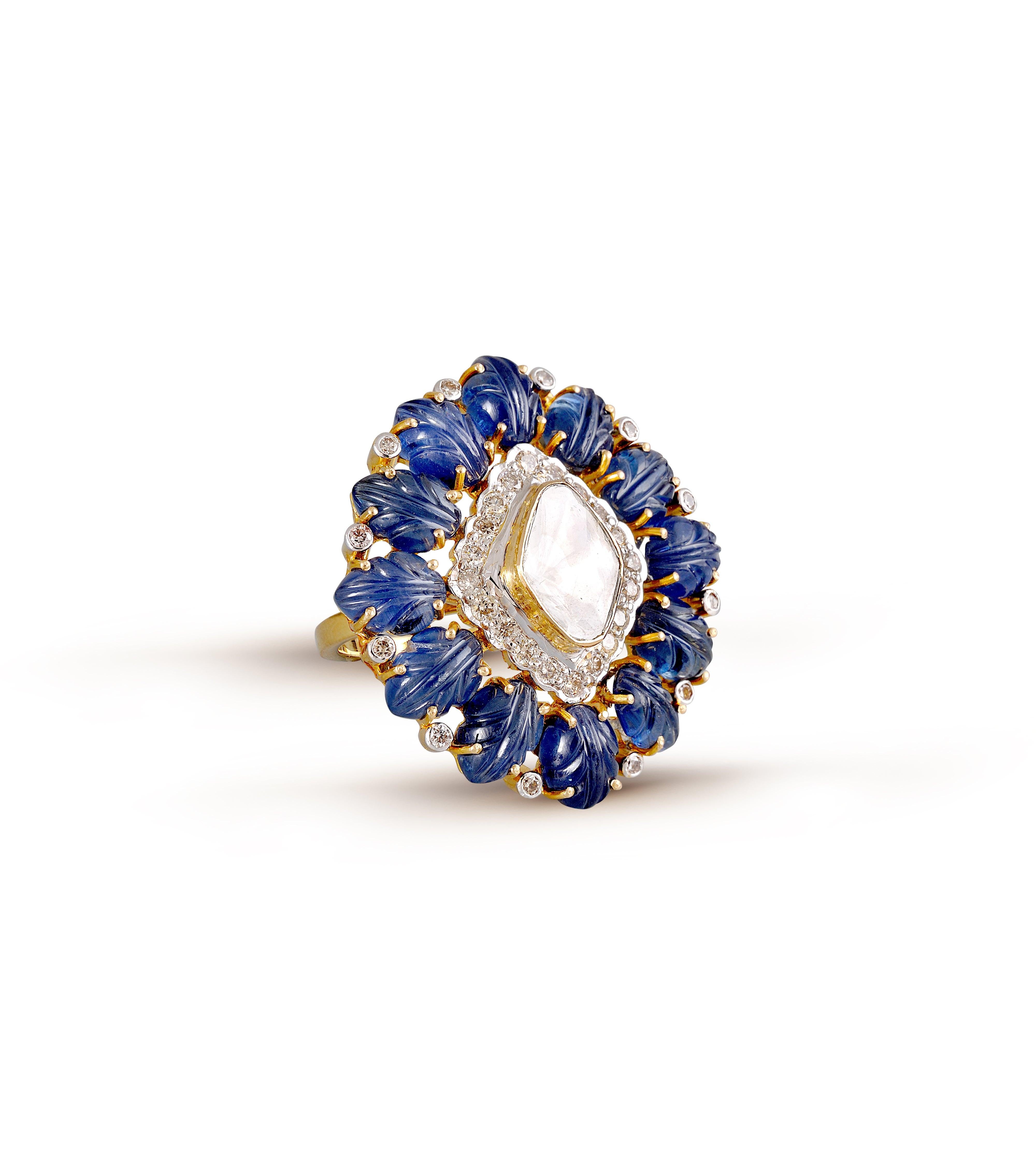 For Sale:  18 Karat Gold Uncut Diamond Blue Sapphire Diamond Cocktail Ring 4