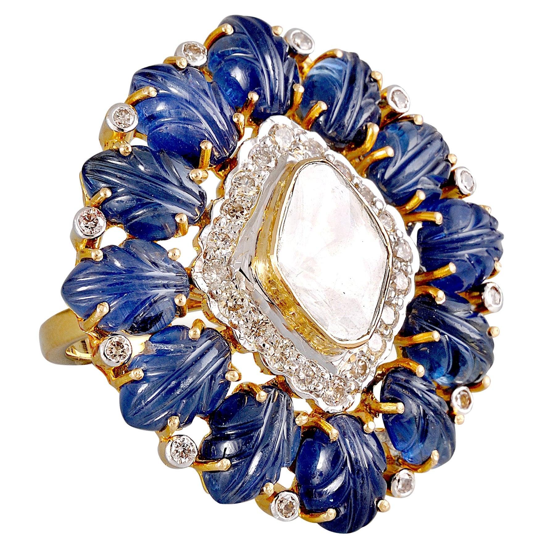 For Sale:  18 Karat Gold Uncut Diamond Blue Sapphire Diamond Cocktail Ring