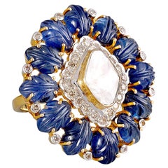 18 Karat Gold Uncut Diamond Blue Sapphire Diamond Cocktail Ring