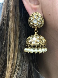 Polki Diamond Pearl 18k Yellow Gold Handmade Earrings