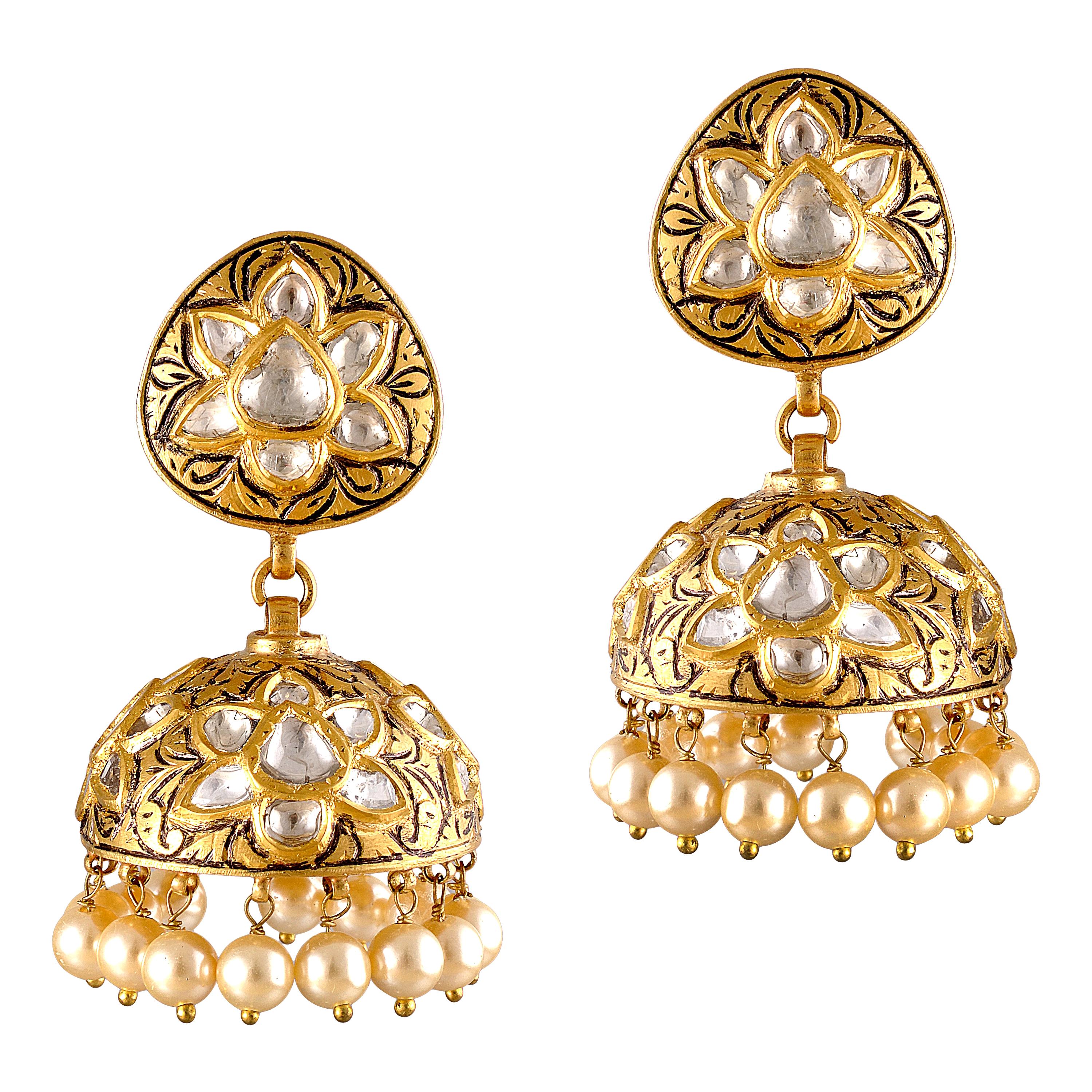 Polki Diamond Pearl 18k Yellow Gold Handmade Earrings