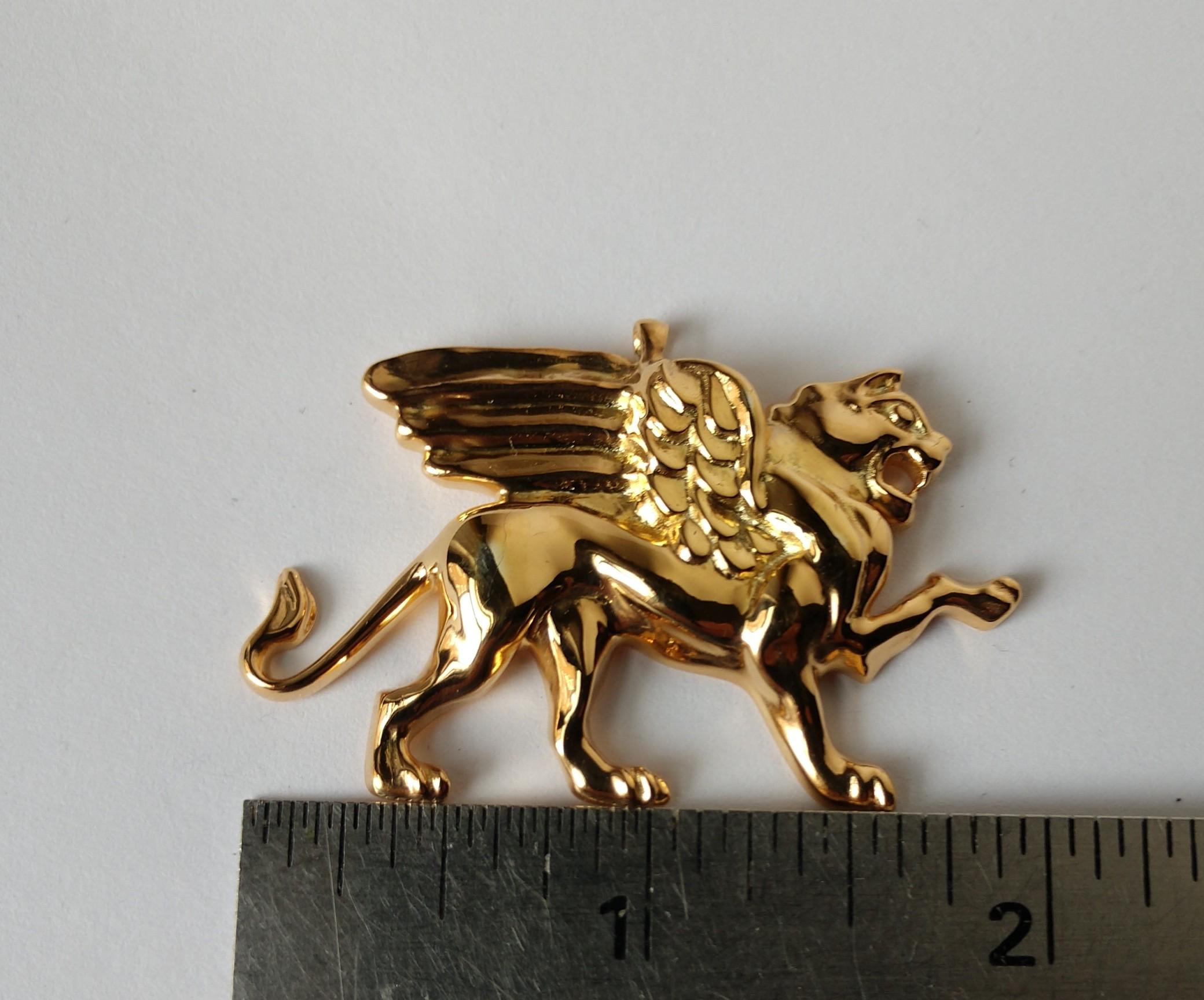 18 Karat Yellow Gold Vermeil Griffin  Pendant Necklace for men .  Tiffany designer , Thomas Kurilla created this for 1st dibs exclusively. Sculpture is my passion. This griffin is getting ready to take on his enemy 4 teeth and all. 2 inch wide 