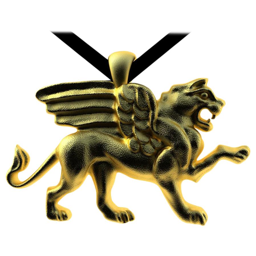 18 Karat Yellow Gold Vermeil Griffin  Pendant Necklace.  Tiffany designer , Thomas Kurilla created this for 1st dibs exclusively. Sculpture is my passion. This griffin is getting ready to take on his enemy 4 teeth and all. 1 inch  wide x 3/4 inch