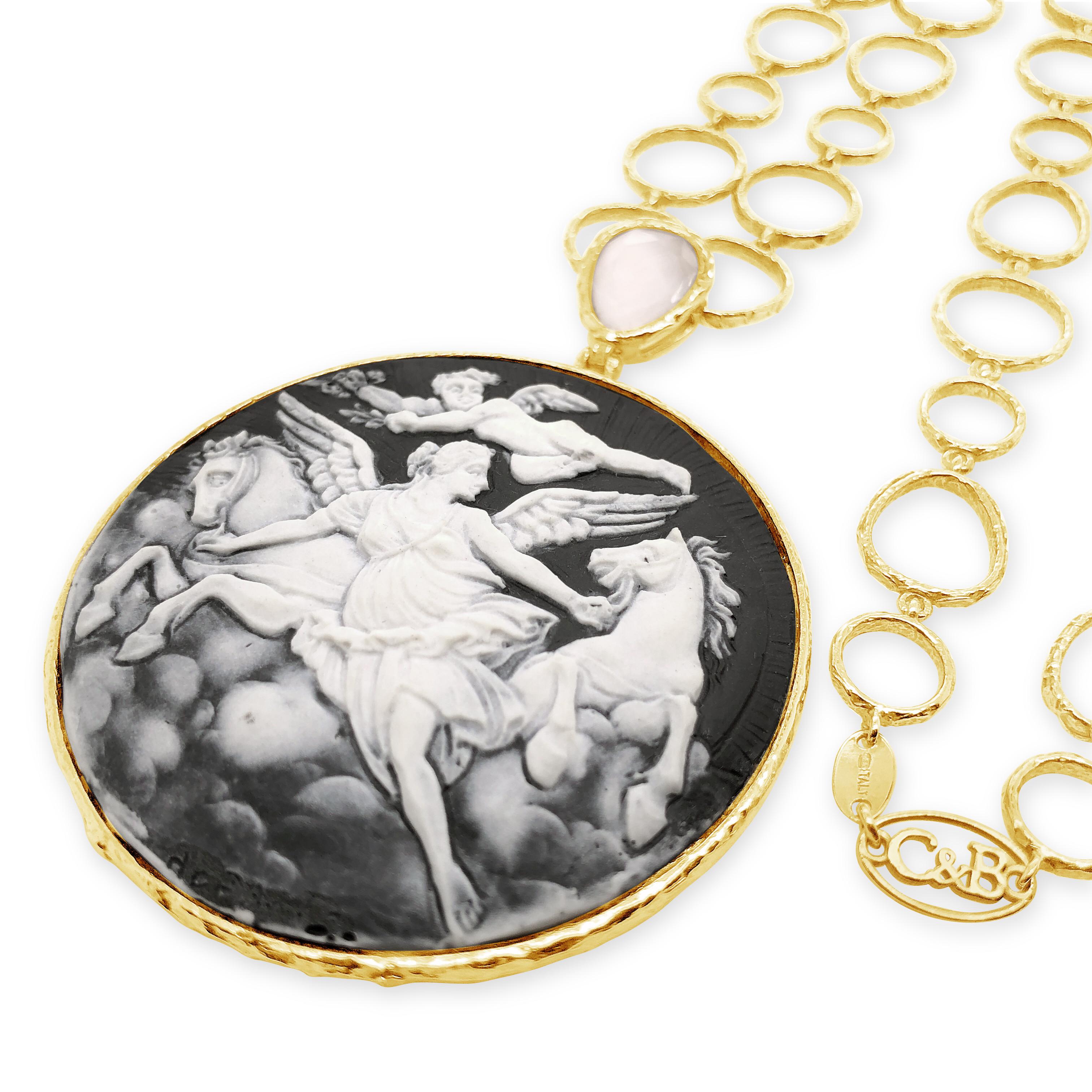 Finely detailed porcelain cameo depicting a scene with guardian angel and cherub. Bold and elegant, this is the ideal statement piece to include in your jewellery collection. Beautifully hand crafted, mounted in 18k yellow gold vermeil, this design