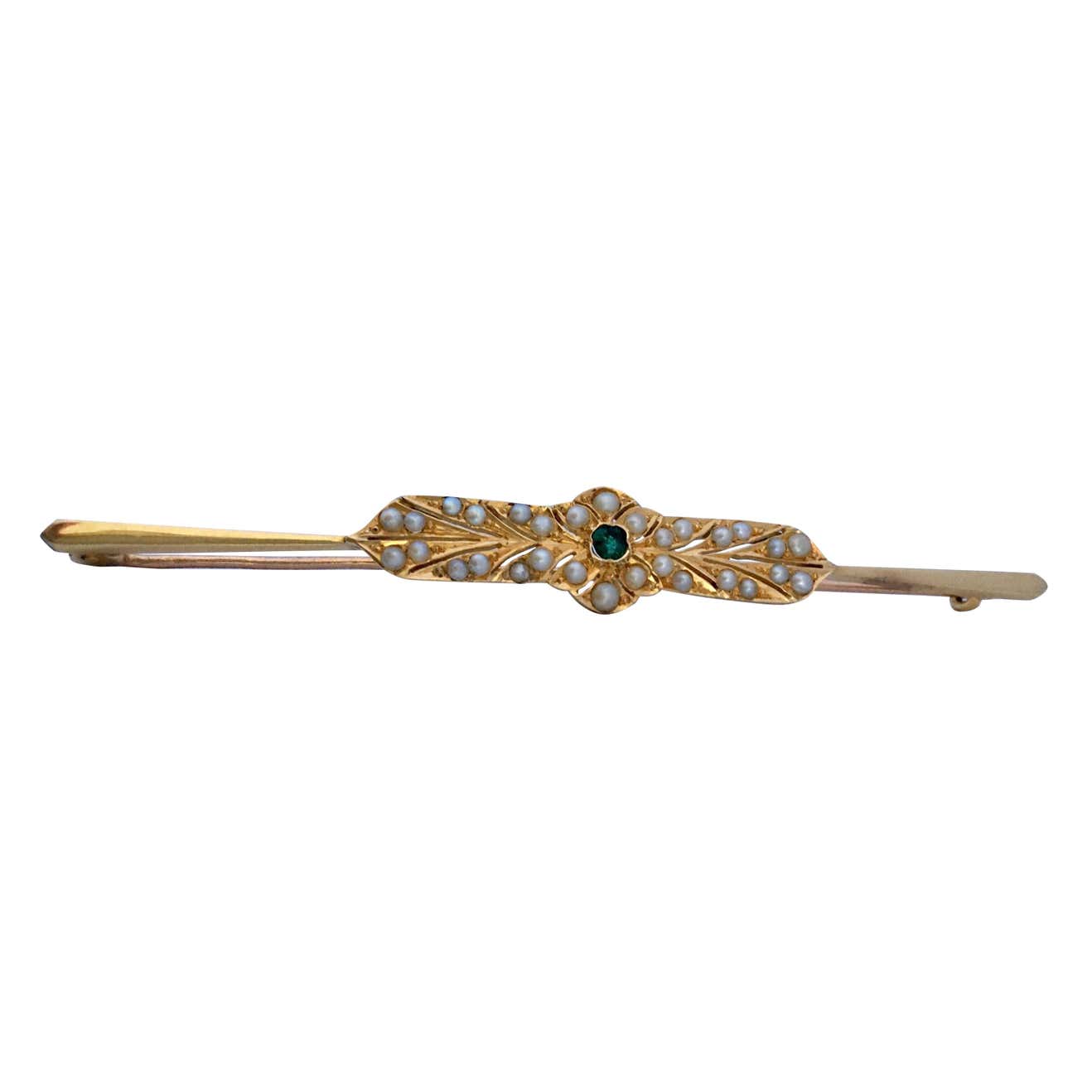 18 Karat Gold Victorian Brooch / Pin with Seeded Pear and Emerald For ...