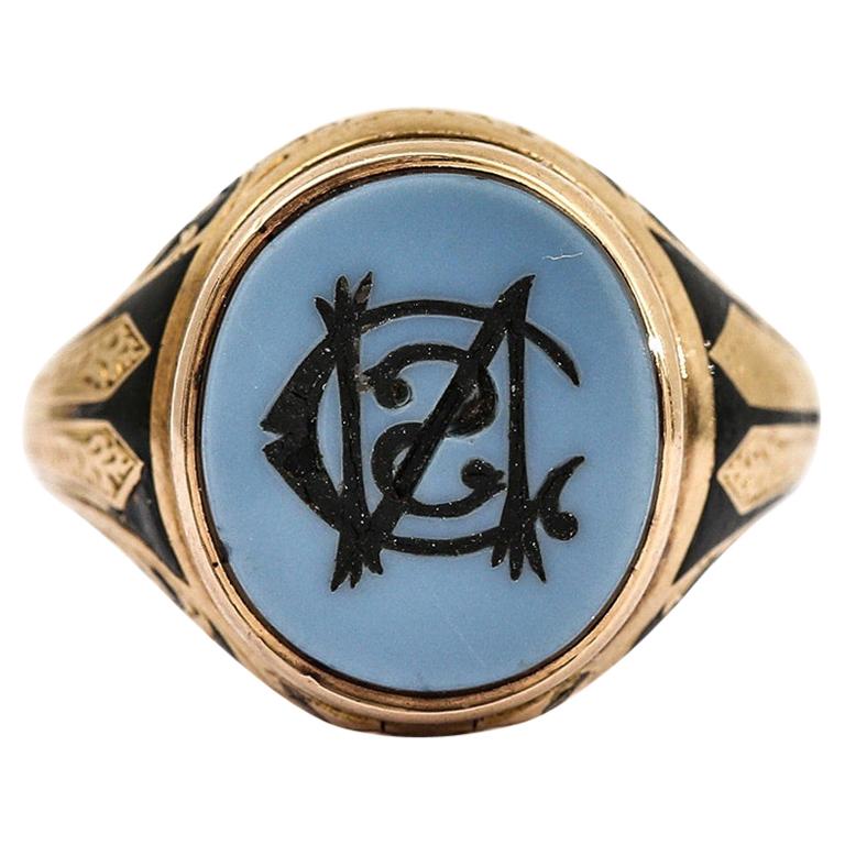 Unusual Victorian Chalcedony and Black Enamel Locket Mourning Ring 18 Karat Gold