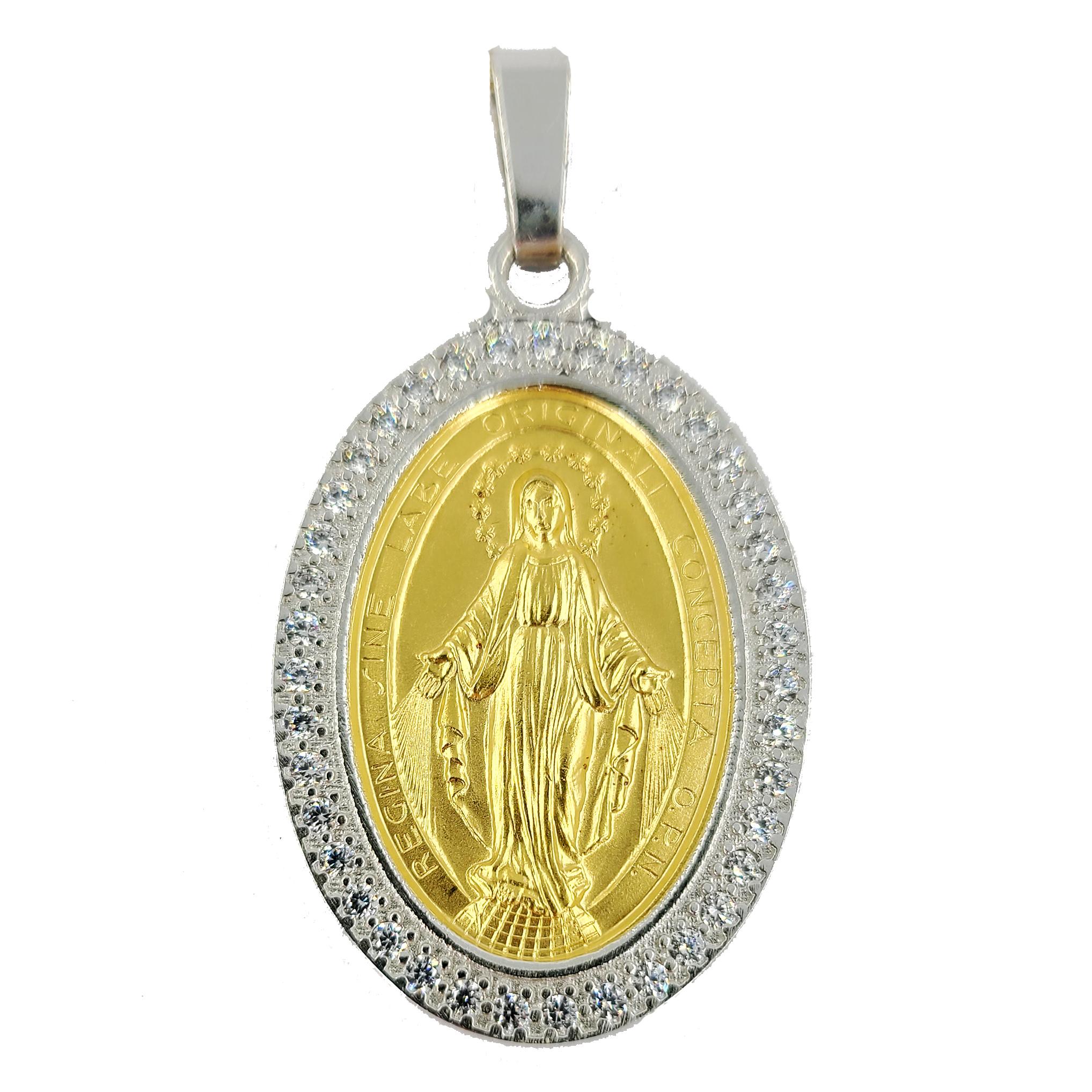 18 Karat Yellow & White Gold Necklace Featuring A Brushed Finish Oval Virgin Mary Pendant Set With 40 Round Diamonds Of VS Clarity & G Color Totaling Approximately 0.60 Carats. Chain Is 16 Inches Long & Pendant Is 1.75 Inches Long. Finished Weight