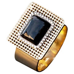 Bague cocktail contemporaine en or 14 carats, diamants blancs VS et onyx carré unique