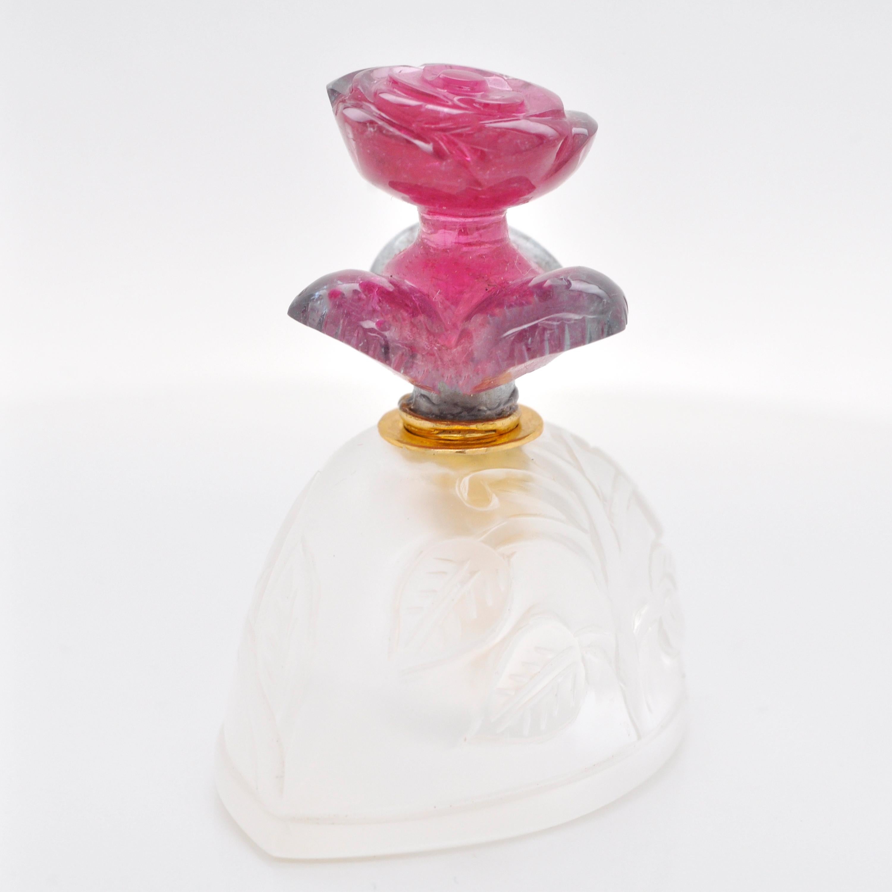 Contemporary 18 Karat Gold Watermelon Bi-Tourmaline Rose Rock Crystal Perfume Bottle  For Sale