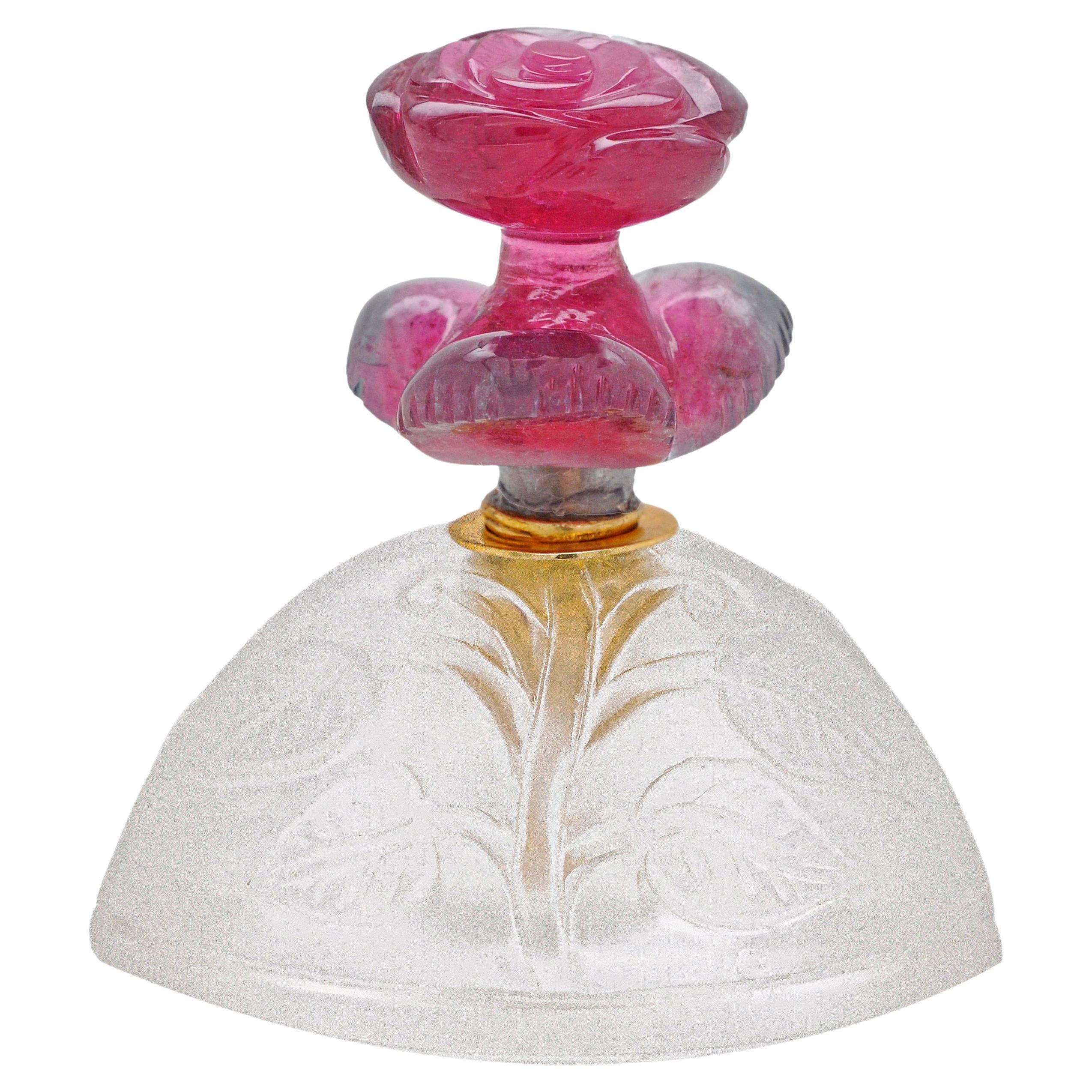 18 Karat Gold Watermelon Bi-Tourmaline Rose Rock Crystal Perfume Bottle  For Sale