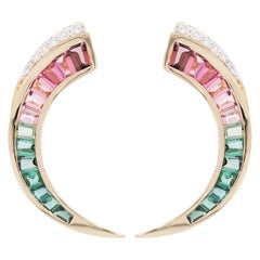 18 Karat Gold Watermelon Pink Green Tourmaline Diamond Earrings