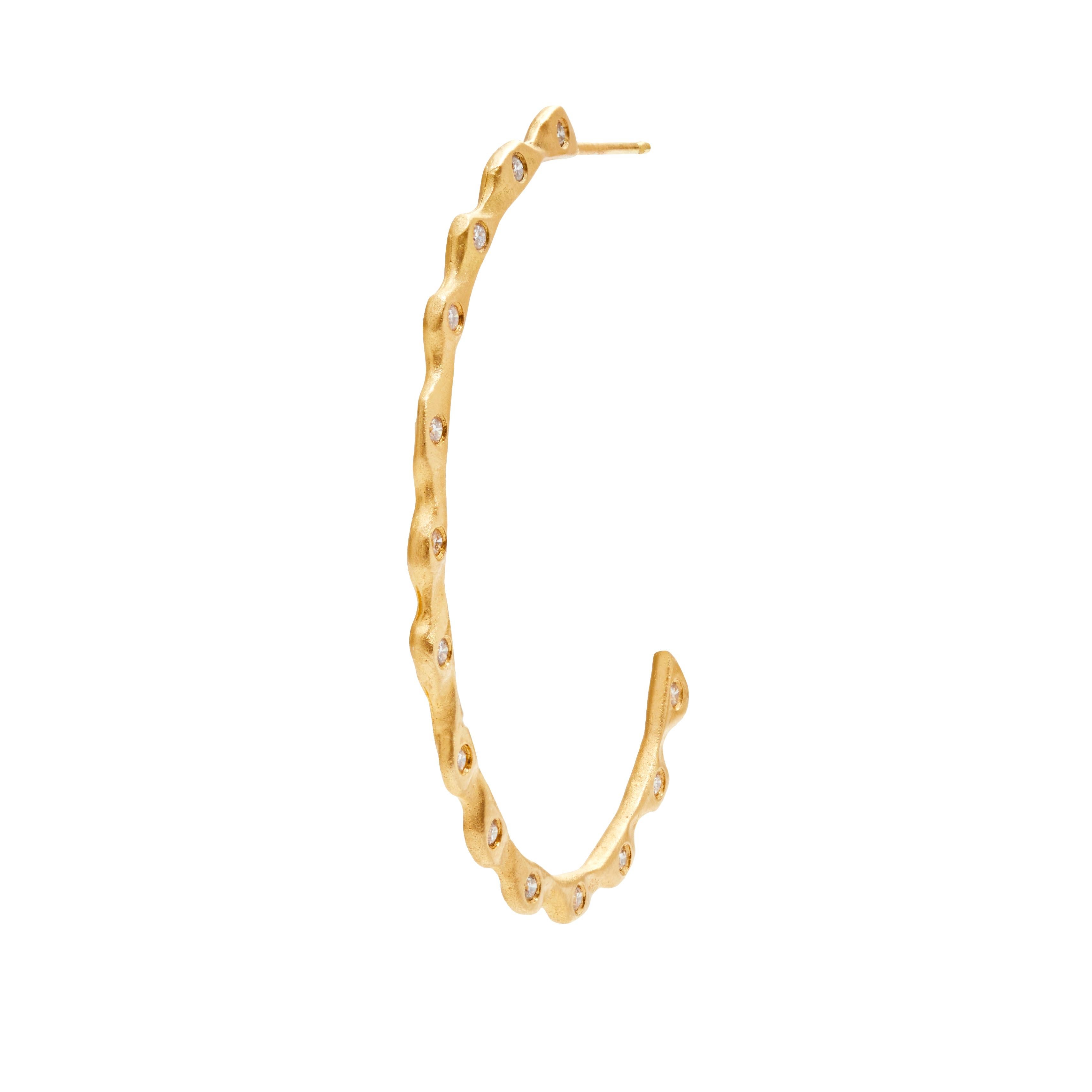 Artisan 18 Karat Gold Wave Hoop Earrings with Diamonds For Sale