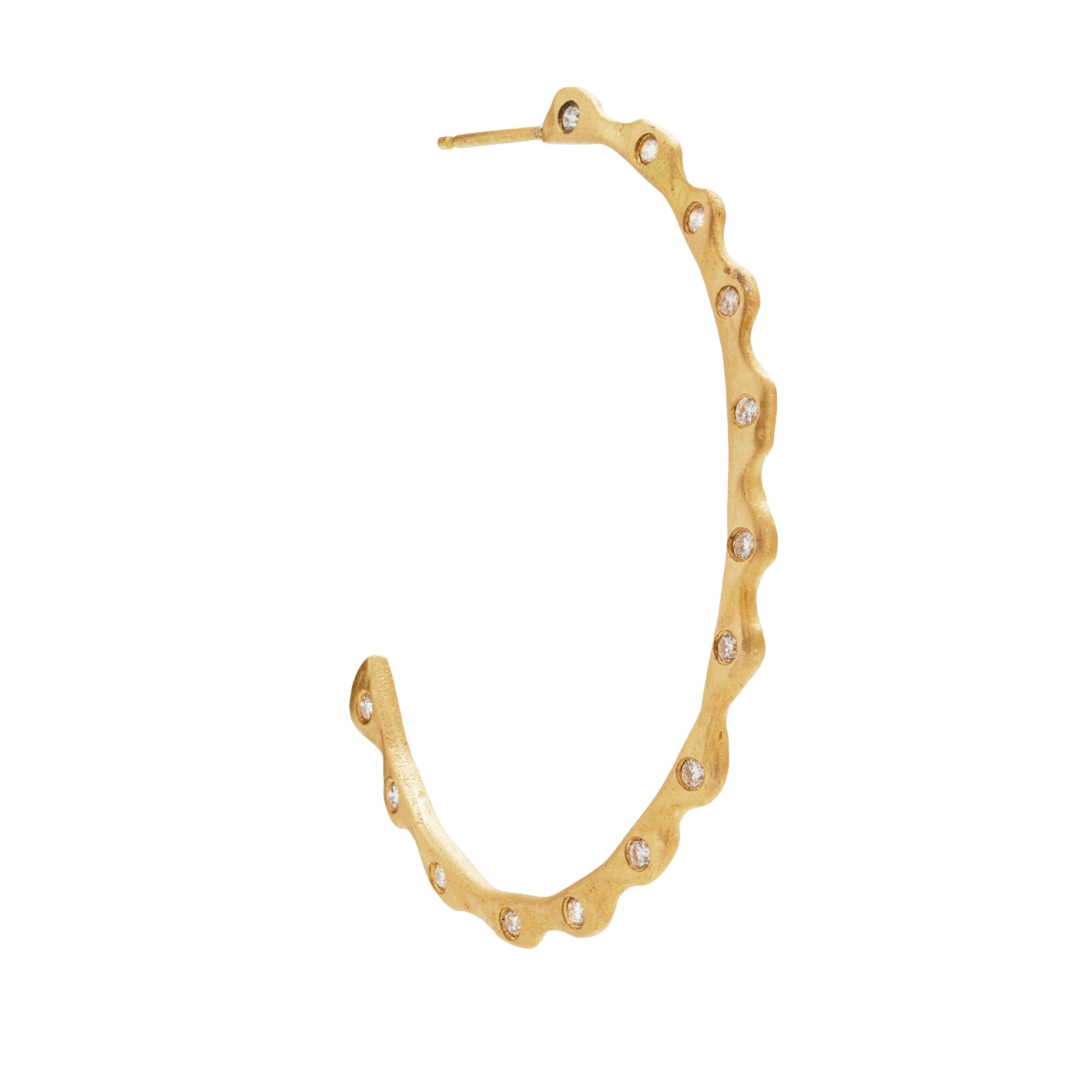 Radiant Cut 18 Karat Gold Wave Hoop Earrings with Diamonds For Sale