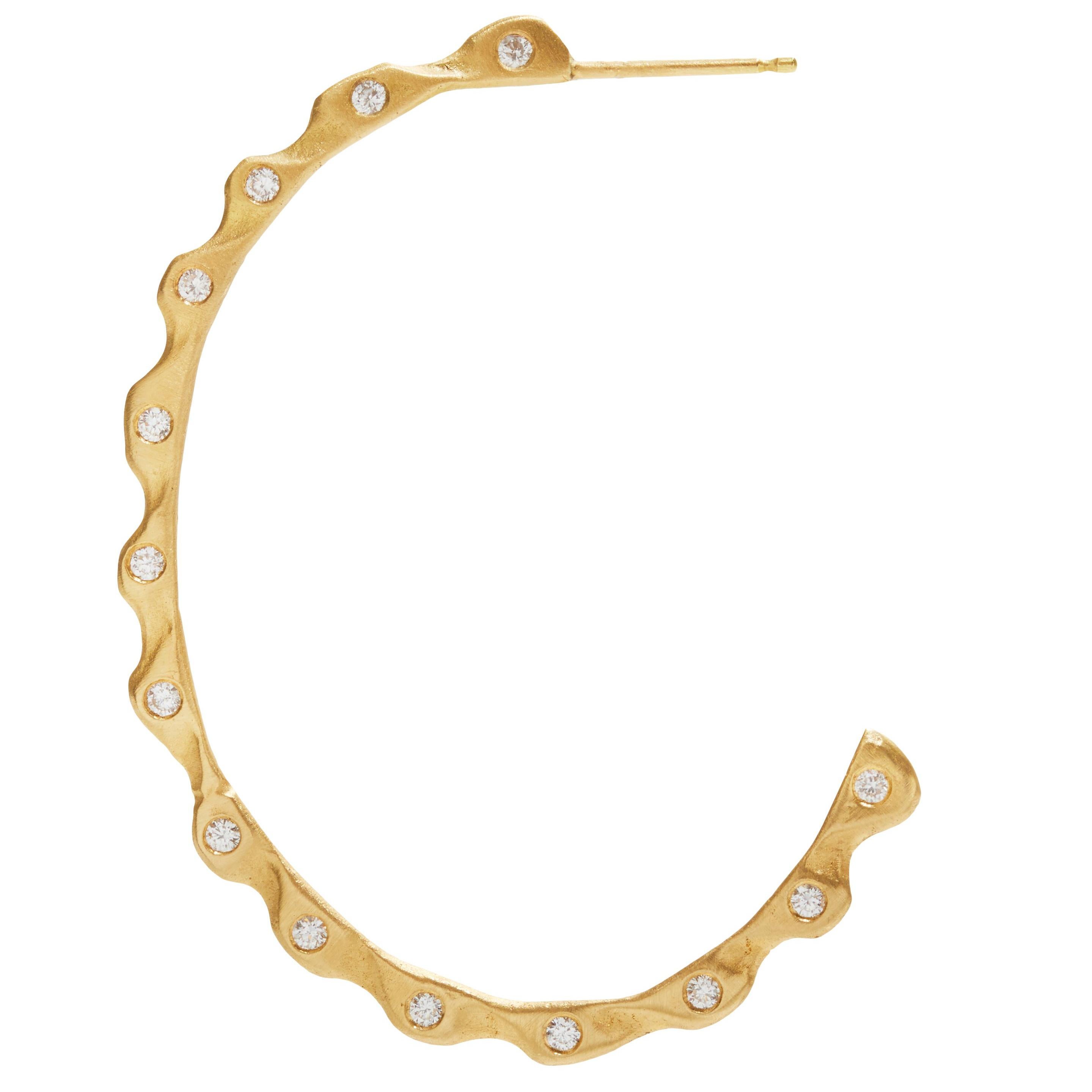 18 Karat Gold Wave Hoop Earrings with Diamonds For Sale