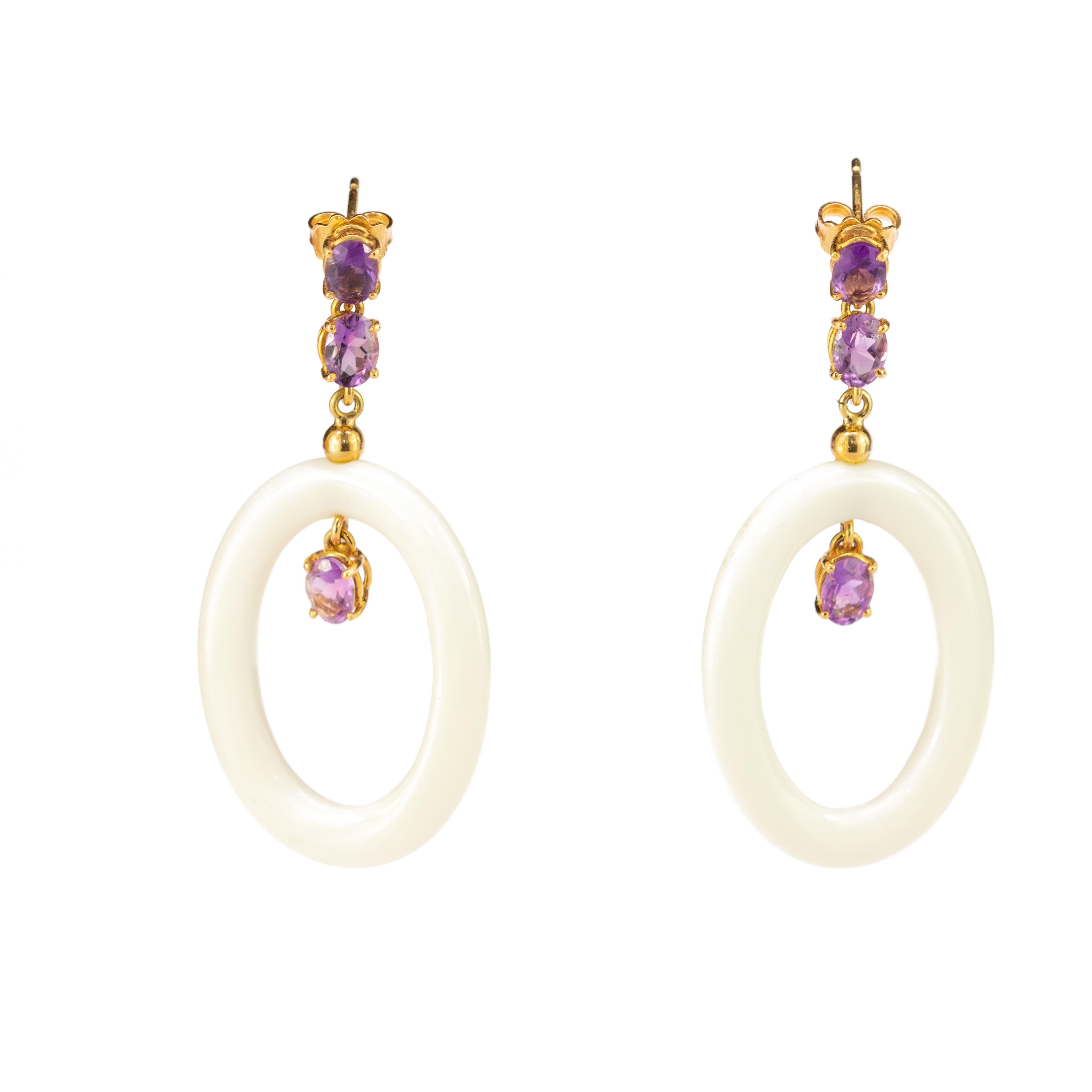 Oval Cut 18 Karat Gold White Agate Oval Donut Rose Amethyst Dangle Long Vintage Earrings For Sale