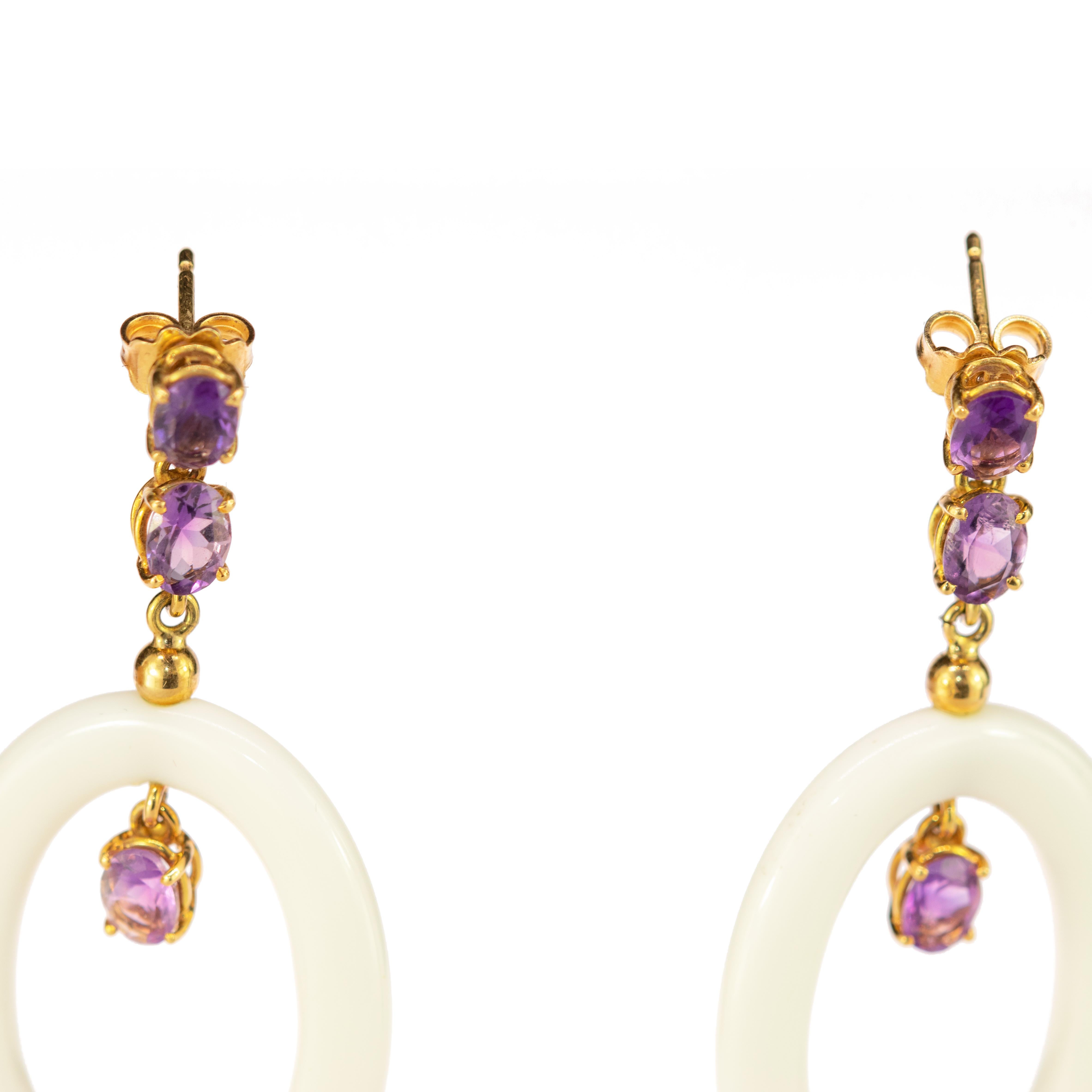 18 Karat Gold White Agate Oval Donut Rose Amethyst Dangle Long Vintage Earrings In New Condition For Sale In Milano, IT