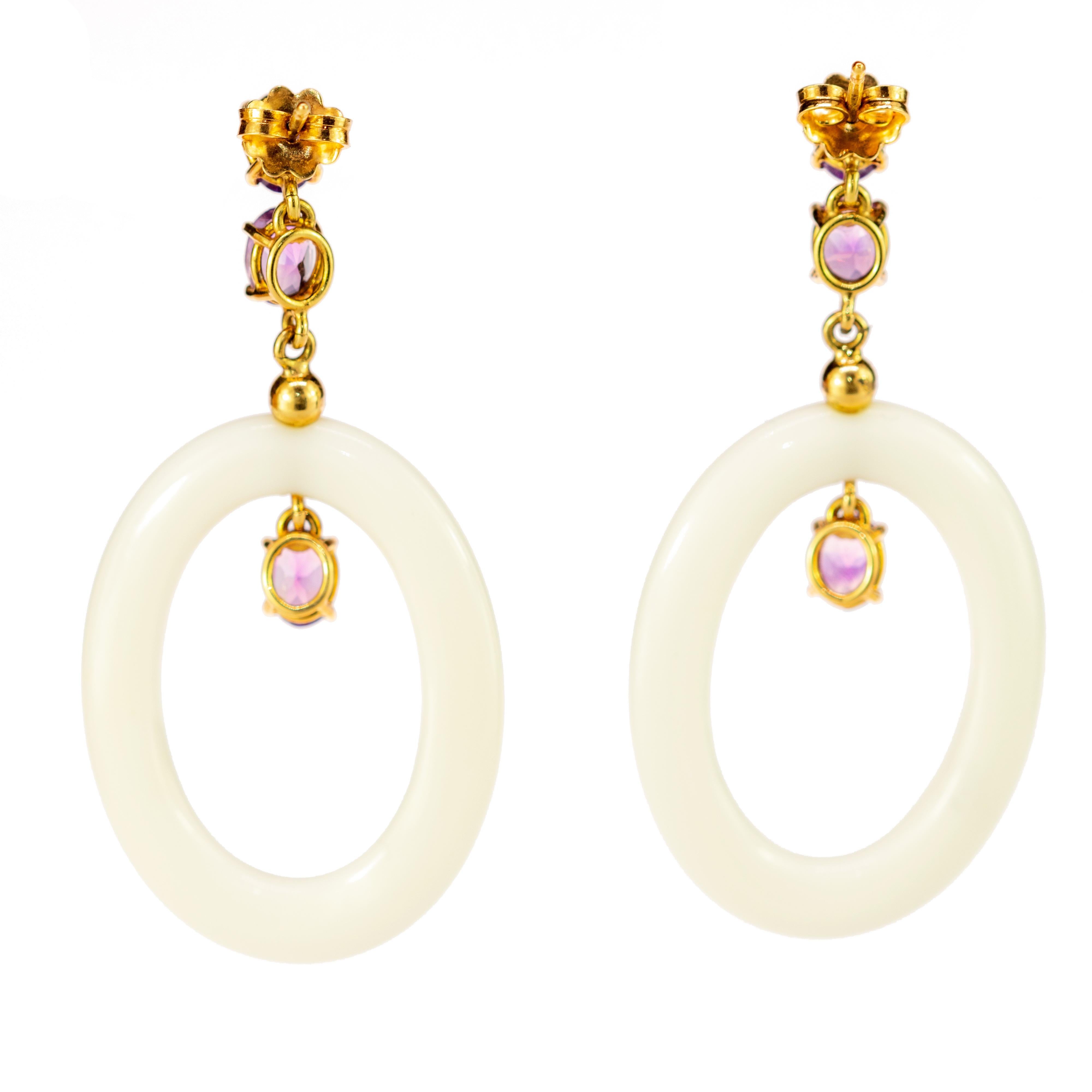 Women's 18 Karat Gold White Agate Oval Donut Rose Amethyst Dangle Long Vintage Earrings For Sale