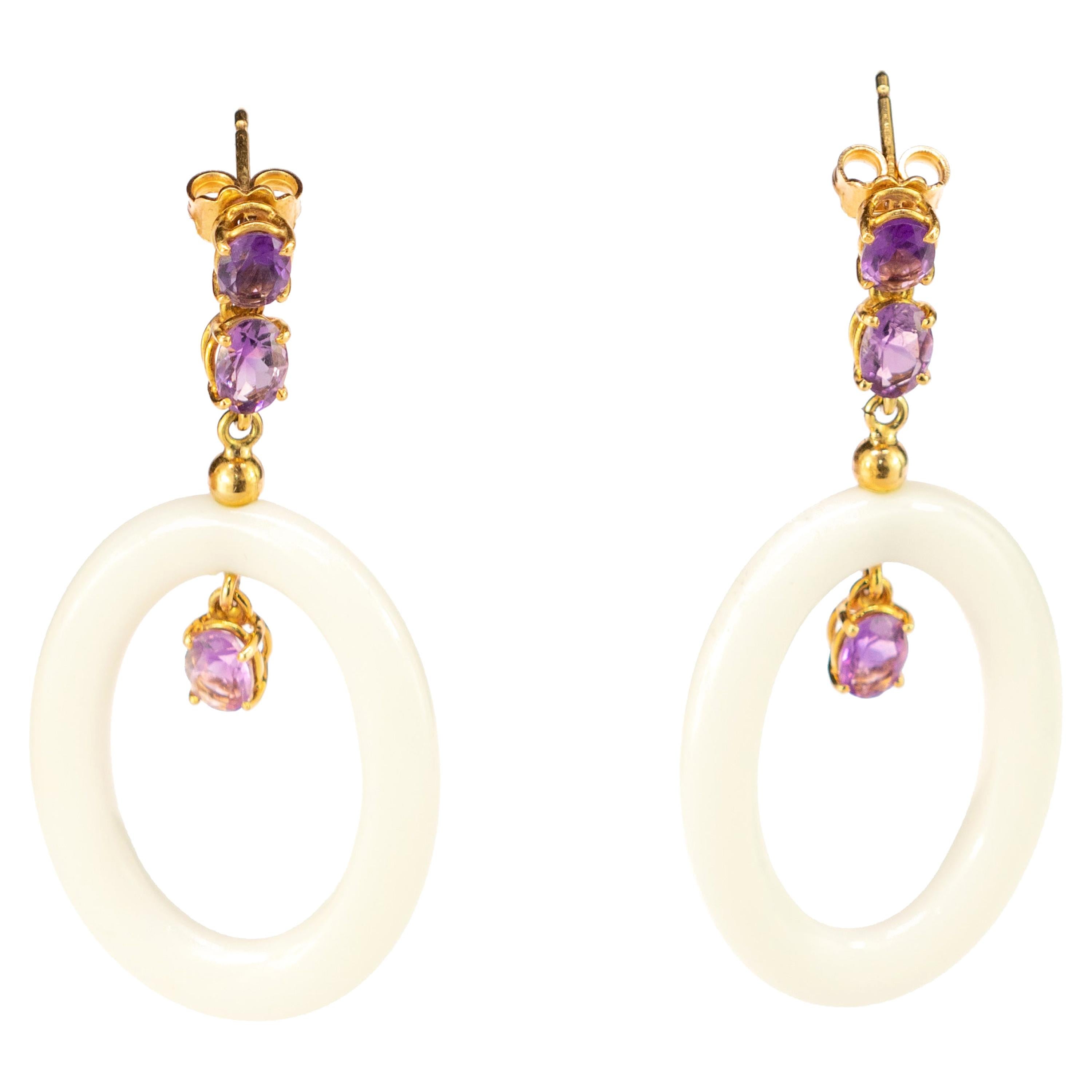 18 Karat Gold White Agate Oval Donut Rose Amethyst Dangle Long Vintage Earrings For Sale