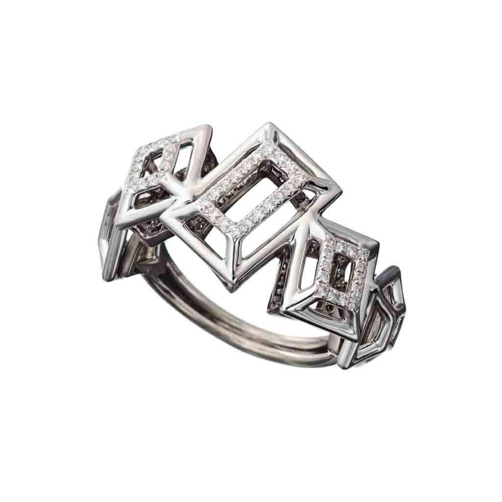 This beautiful ring from our FACETTE Collection with White Diamonds and Black Diamonds and Black Spinels  is handcrafted in White Gold, Sterling Silver and Rhodium. 

Paving: White Diamonds: 0.20ct..; Black Spinel: 0.32ct.Black Diamonds: