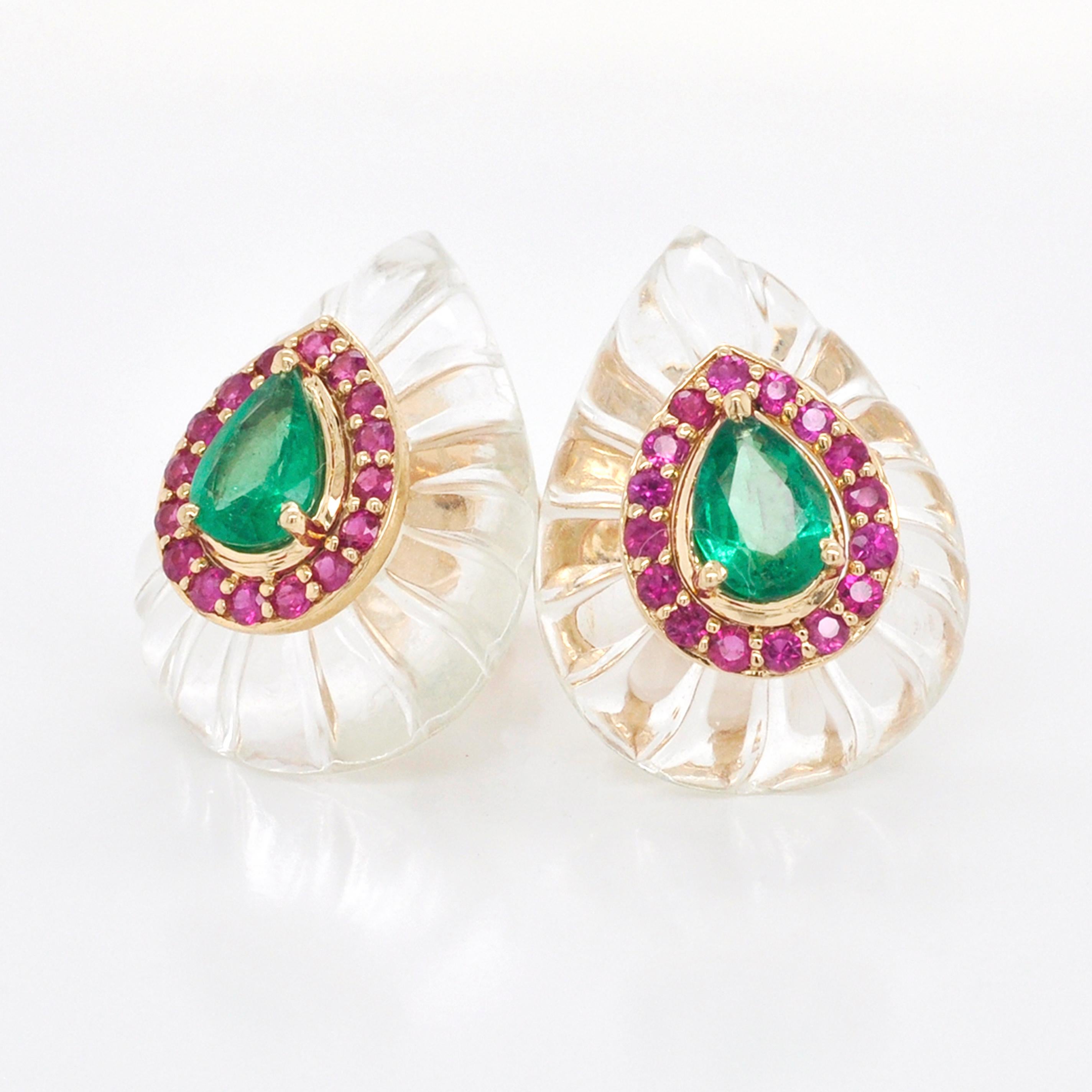 Women's 18 Karat Gold White Carving Crystal Pear Emerald Ruby Mughal Stud Earrings For Sale