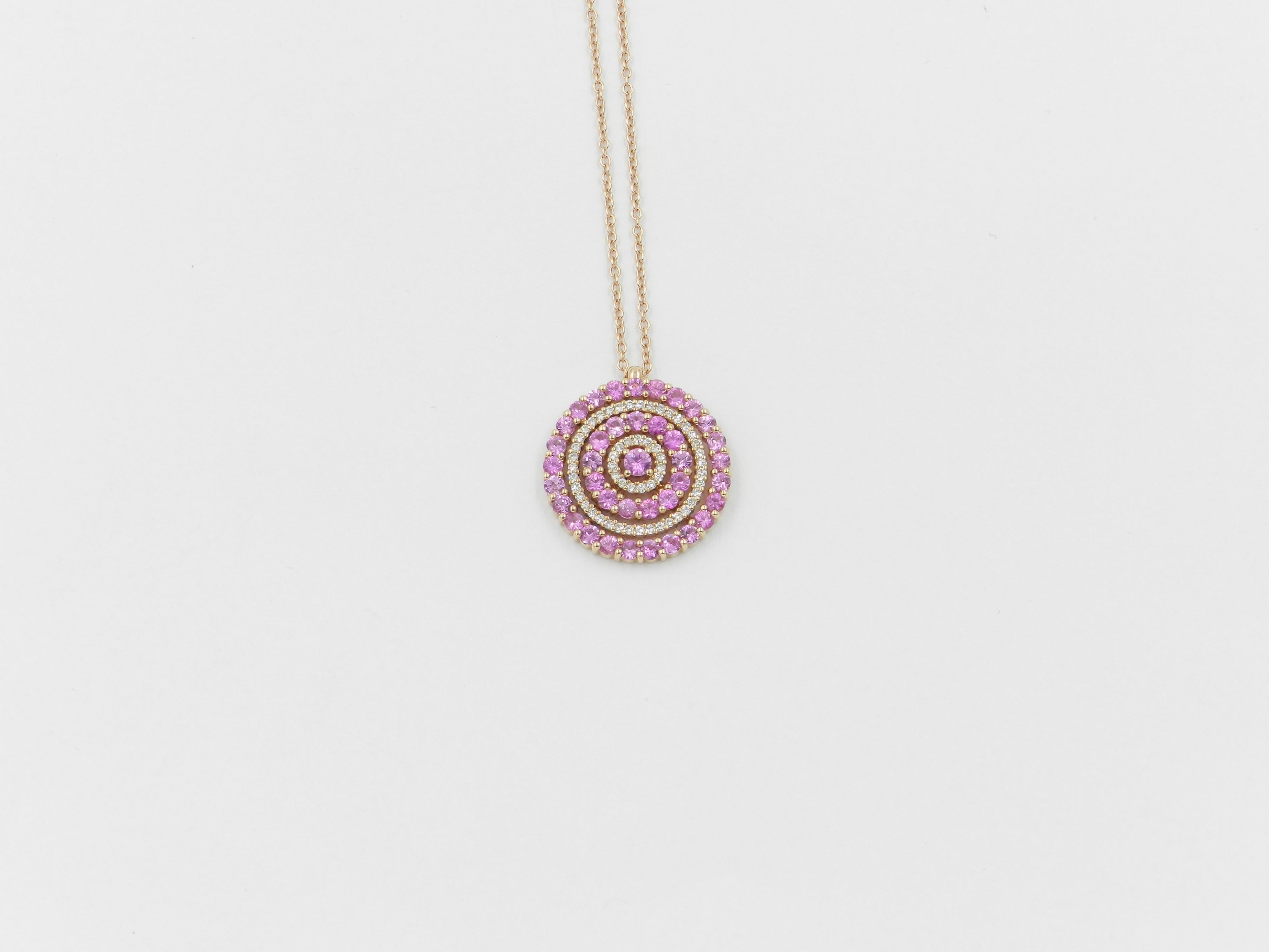 Round Cut 18 Karat Gold White Diamonds and Pink Sapphires Garavelli Pendant with Chain For Sale