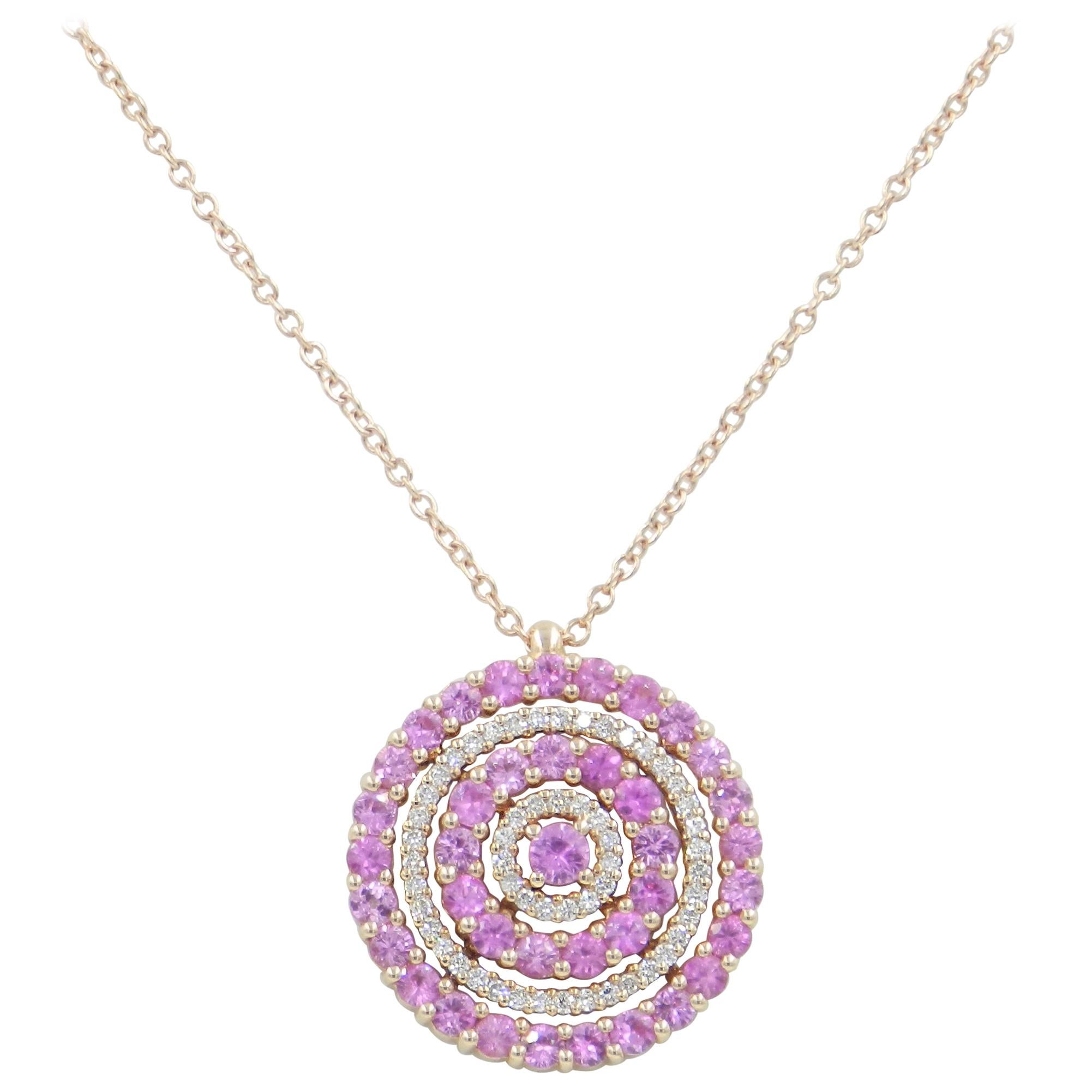 18 Karat Gold White Diamonds and Pink Sapphires Garavelli Pendant with Chain For Sale