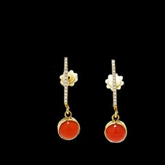 18 Karat Gold White Diamonds Coral Dangle Earrings