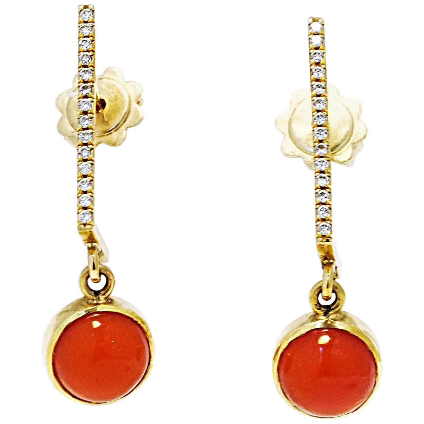 18 Karat Gold White Diamonds Coral Dangle Earrings