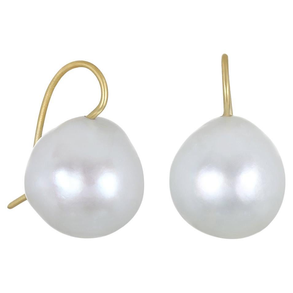 18 Karat Gold White South Sea Baroque Pearl Drop Earrings For Sale