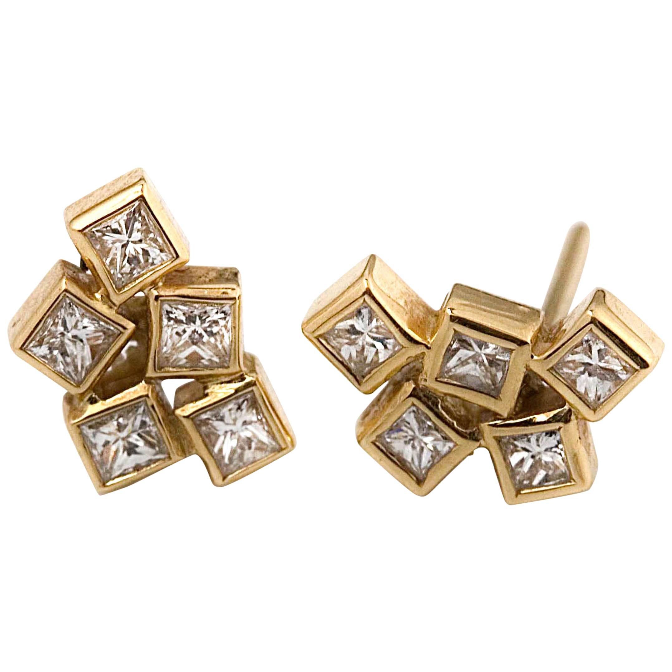 14k Yellow & White Gold Over Trendy Geometric Earrings With Small Diamond Circle 