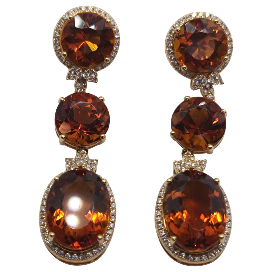 18 Karat Gold with Fire Royal Citrine and Diamonds Drop Dangle Earrings, One