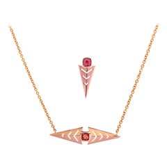18 Karat Recycled Rose Gold Red Garnet Cushion Cut Sign Necklace and Earring Set