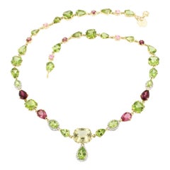 Collar Pulsera Oro 18 Kilates con Cuarzo Turmalina Peridoto Diamantes Blancos