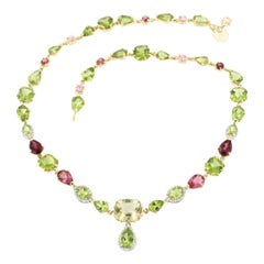 18 Karat Gold with Peridot Tourmaline Quartz White Diamonds Bracelet Necklace