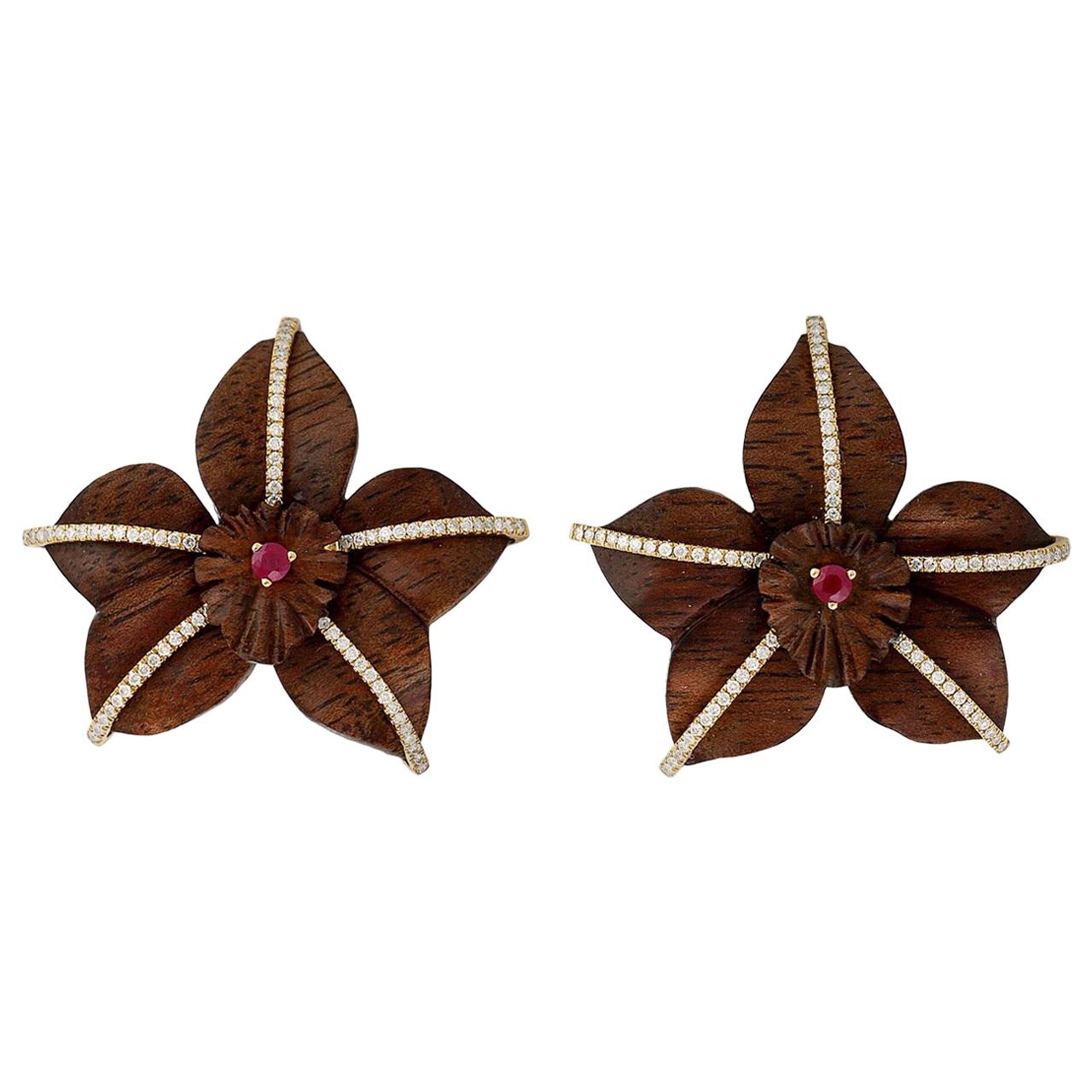 18 Karat Gold Wood Ruby Diamond Earrings