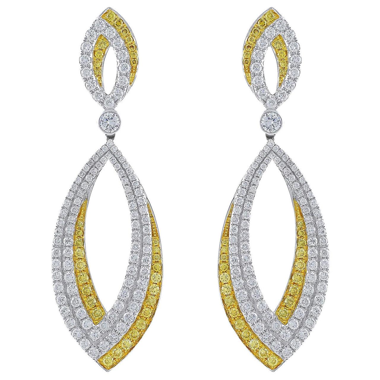 18 Karat Gold Yellow and White Diamond Oval Drop Earrings