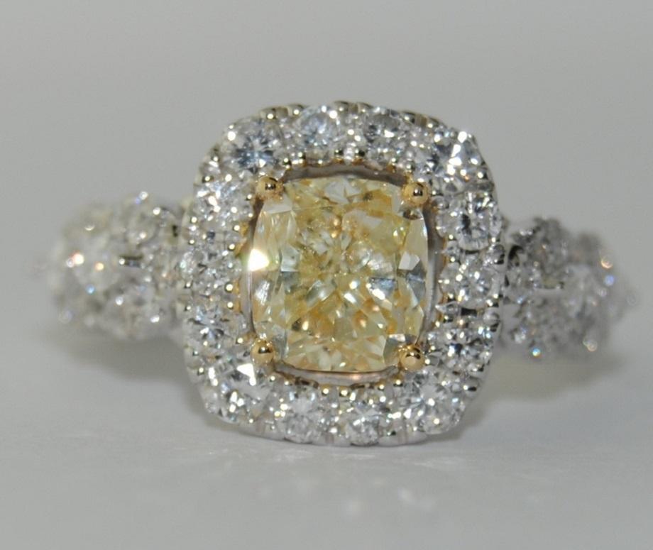 Cushion Cut  2.74 Carat Fancy Yellow and White Diamond Ring in 18 Karat White Gold For Sale