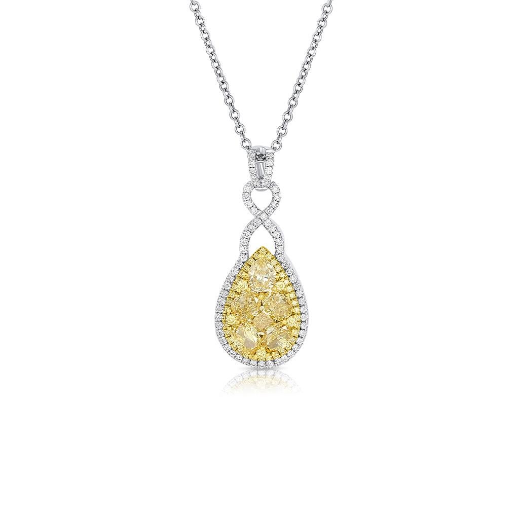 Yellow White Diamond Pear Cluster Pendant. 18k white gold chain with a pendant set with 2.14cttw of yellow diamonds and 0.34cttw of colorless diamonds in a pear cluster. The total diamond weight is 2.48cttw.