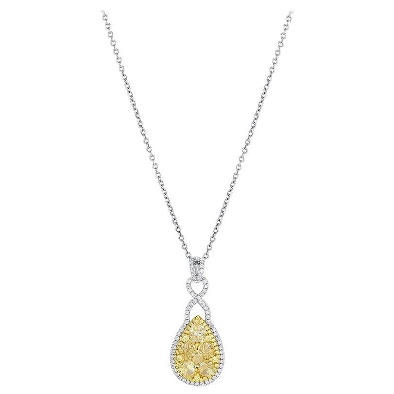 18 Karat Gold Yellow and White Diamond Teardrop Cluster Pendant Necklace For Sale