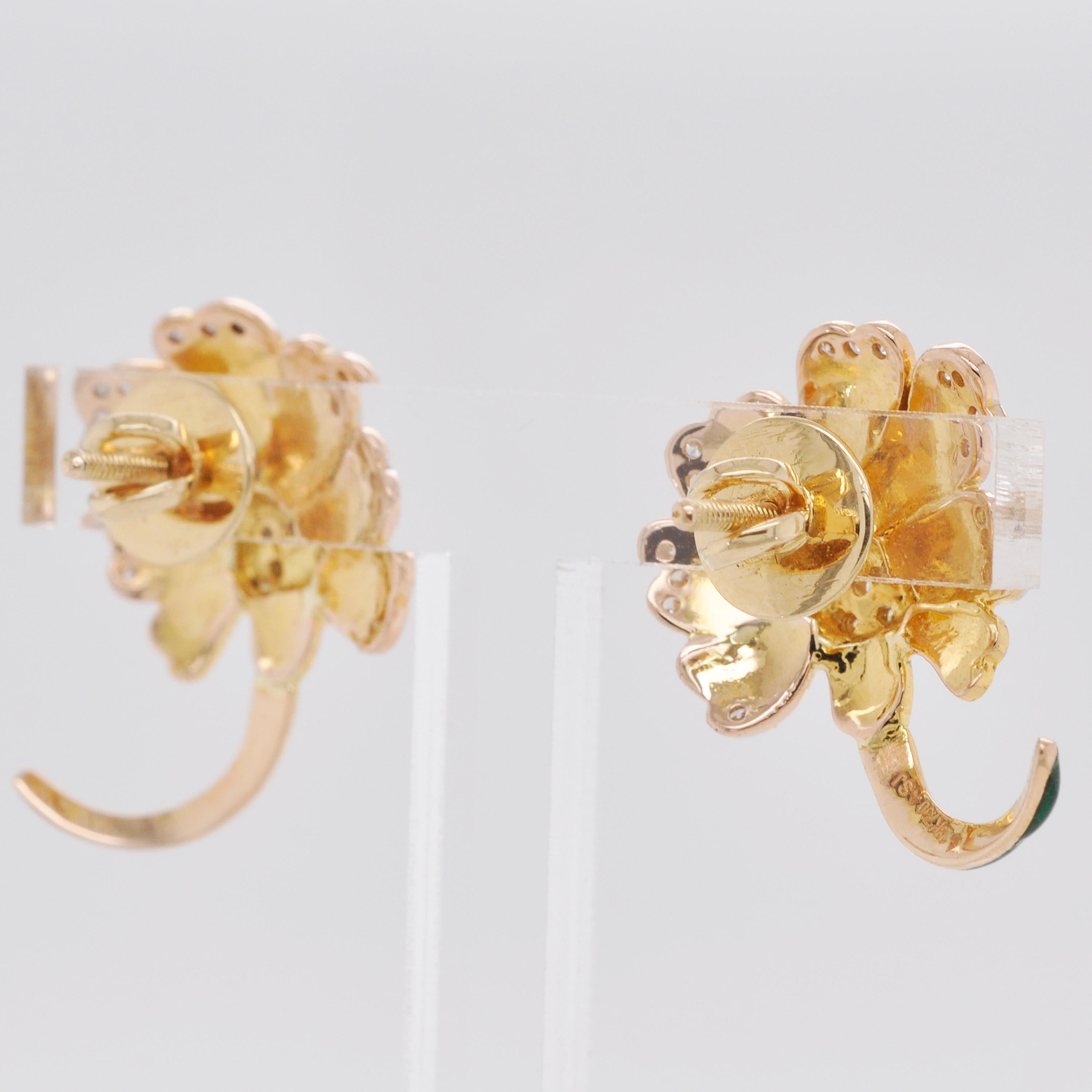 Women's 18 Karat Gold Yellow French Guilloché Enamel Flower Diamond Stud Earrings