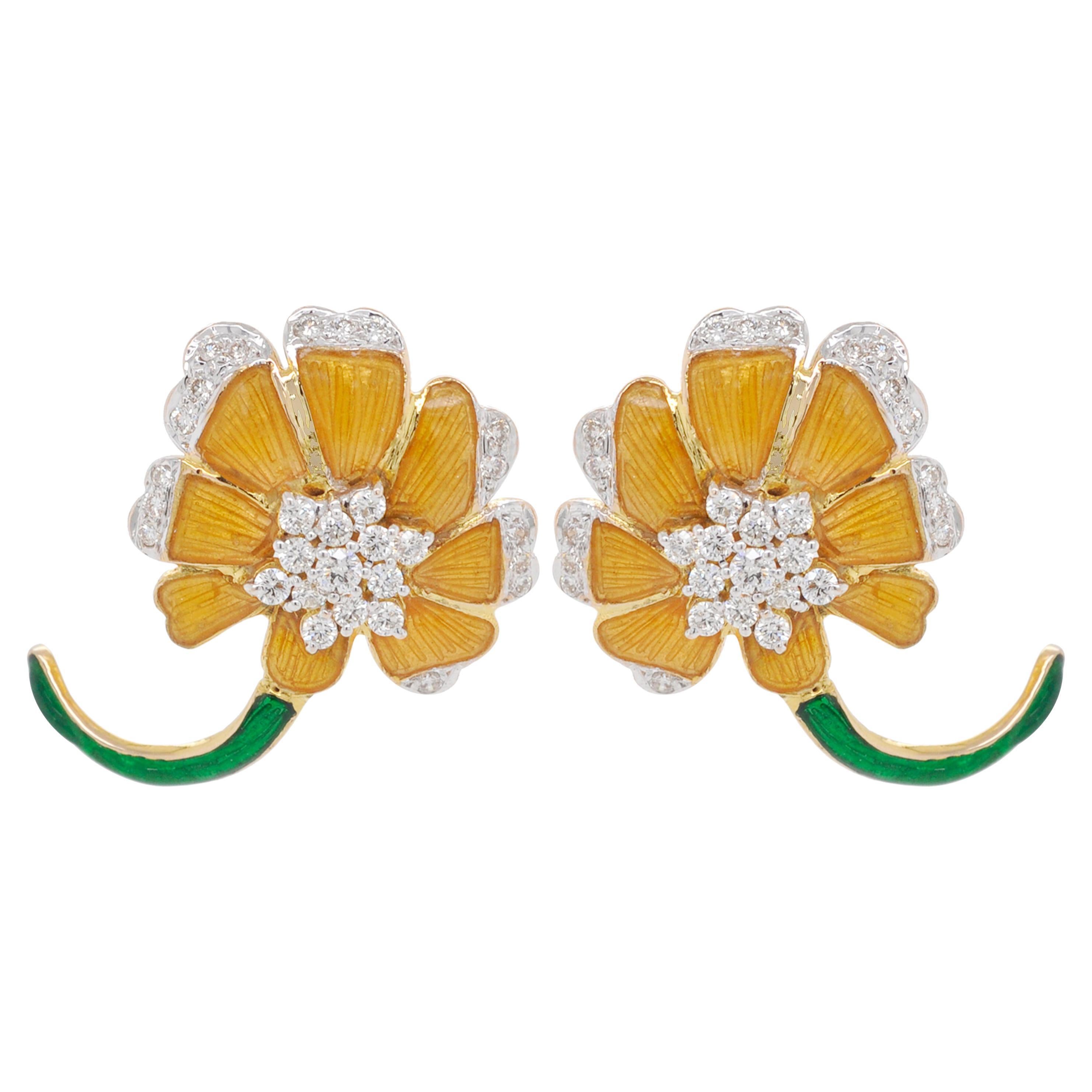 18 Karat Gold Yellow French Guilloché Enamel Flower Diamond Stud Earrings