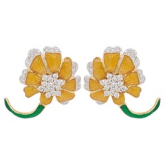 18 Karat Gold Yellow French Guilloché Enamel Flower Diamond Stud Earrings