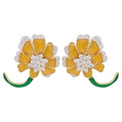 18 Karat Gold Yellow French Guilloché Enamel Flower Diamond Stud Earrings