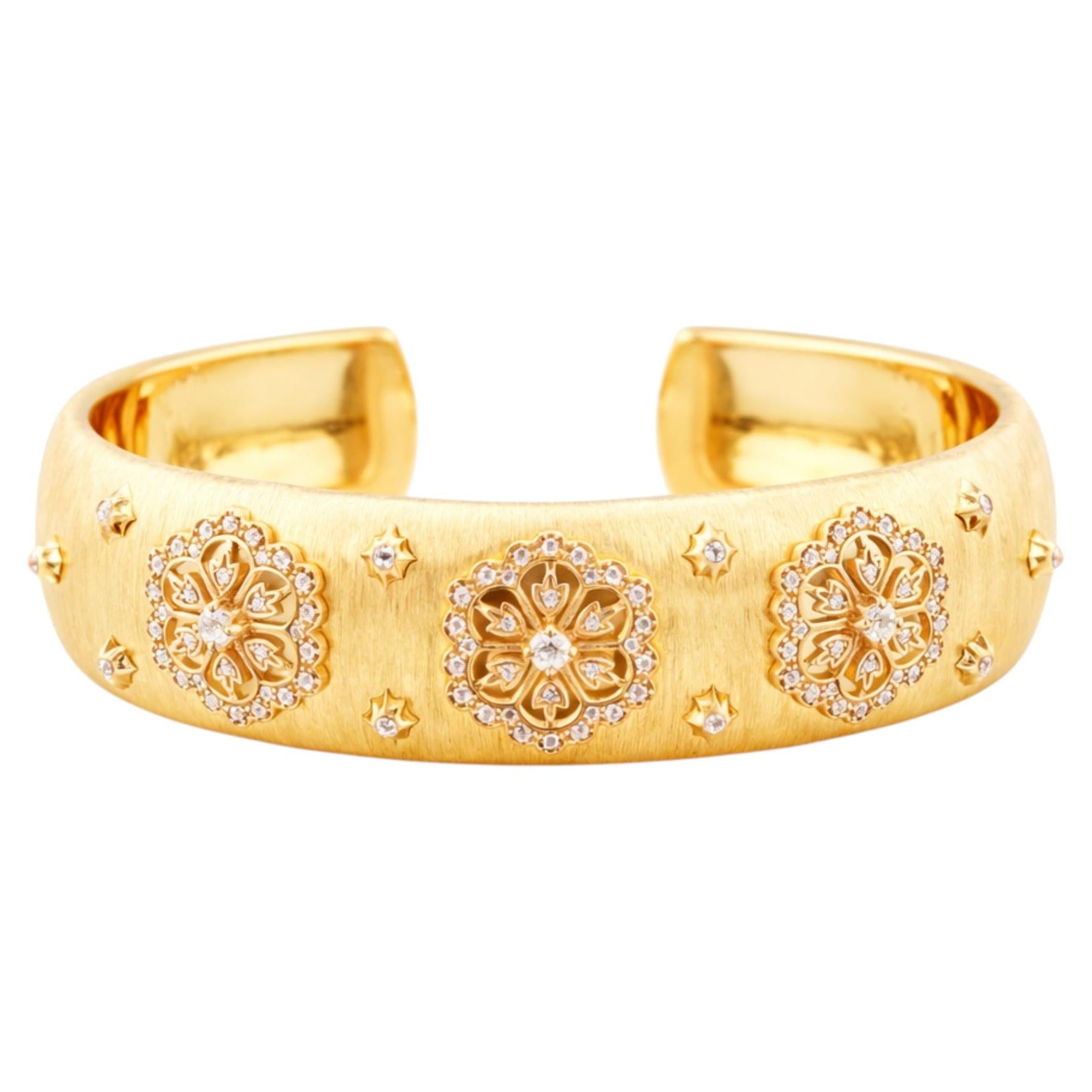 18 Karat Gold Yellow Gold Natural Diamond Floral Open Cuff Wide Bracelet