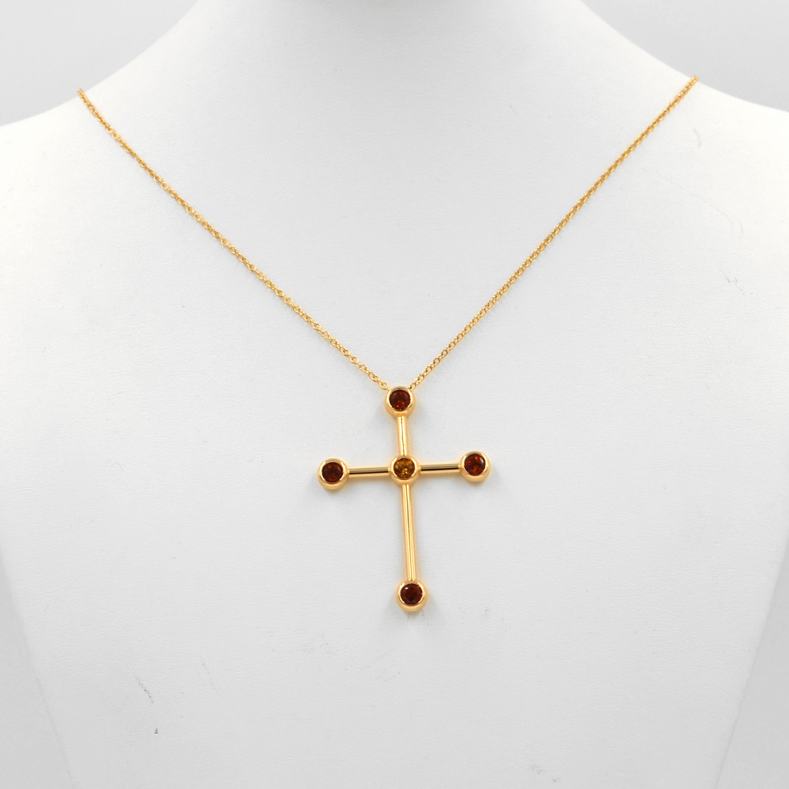 18 Karat Gold Yellow Quartz and Madera Citrine Garavelli Cross Long Necklace In New Condition In Valenza, IT
