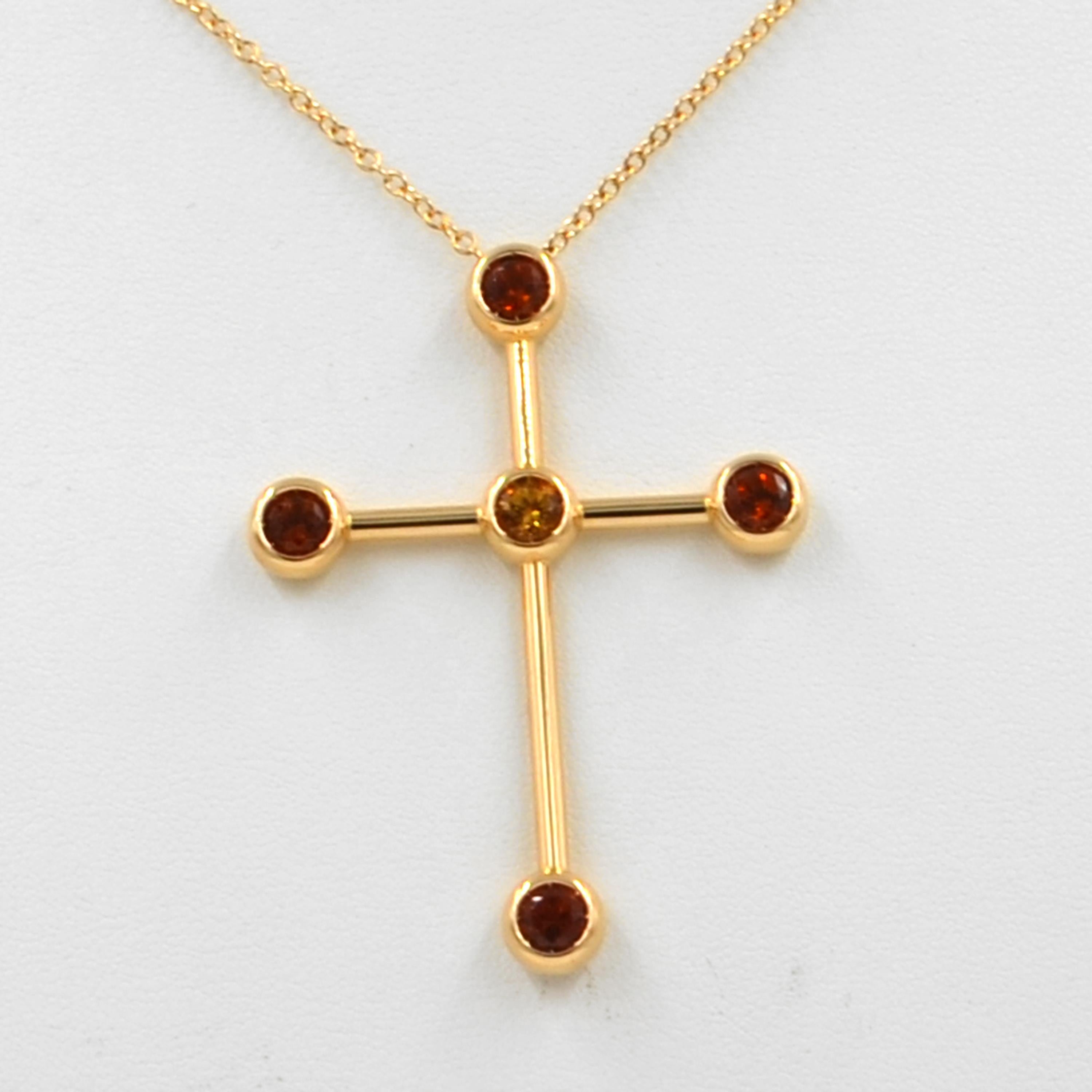 Women's or Men's 18 Karat Gold Yellow Quartz and Madera Citrine Garavelli Cross Long Necklace