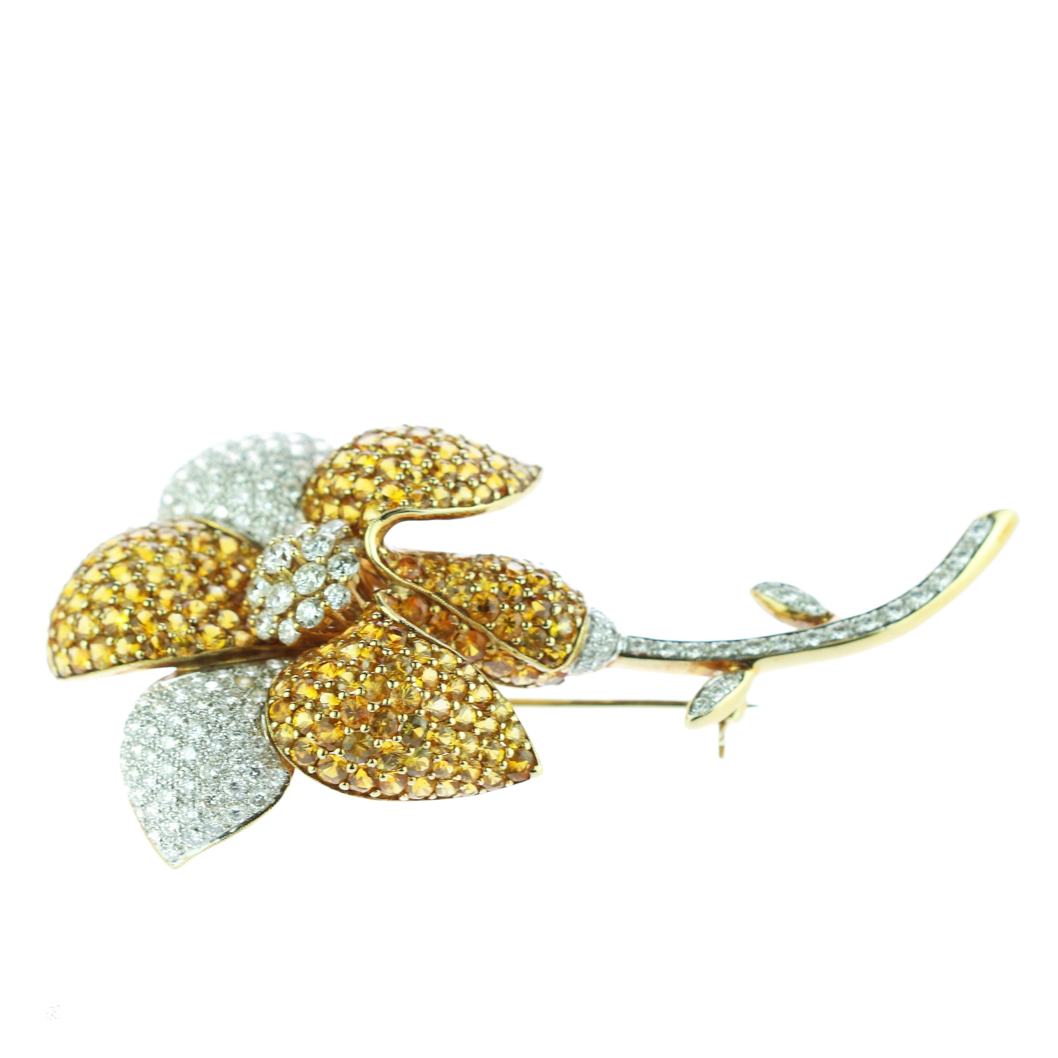 Mixed Cut Diamond Pave Yellow Sapphire 18 Karat Gold Flower Brooch For Sale