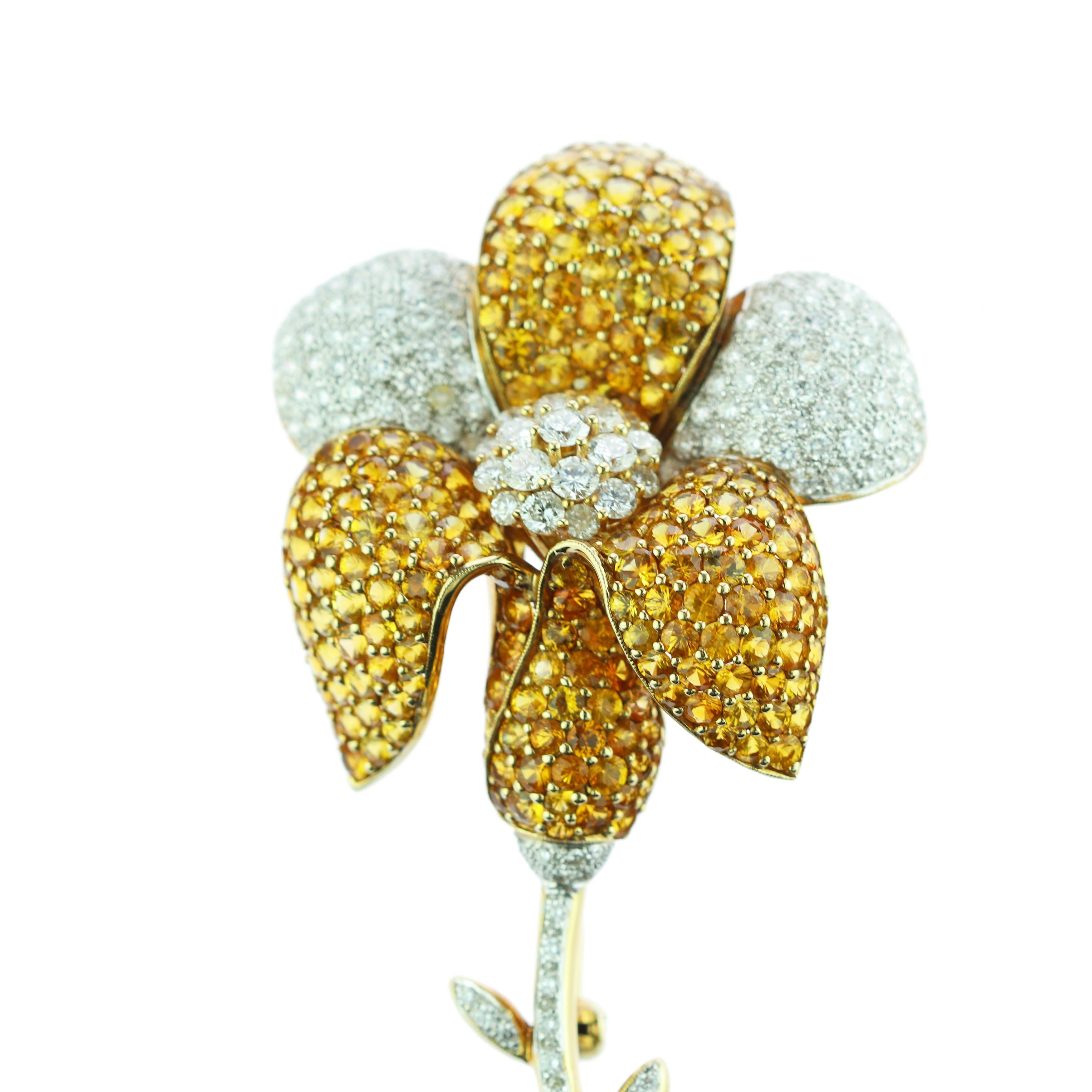 Women's or Men's Diamond Pave Yellow Sapphire 18 Karat Gold Flower Brooch For Sale