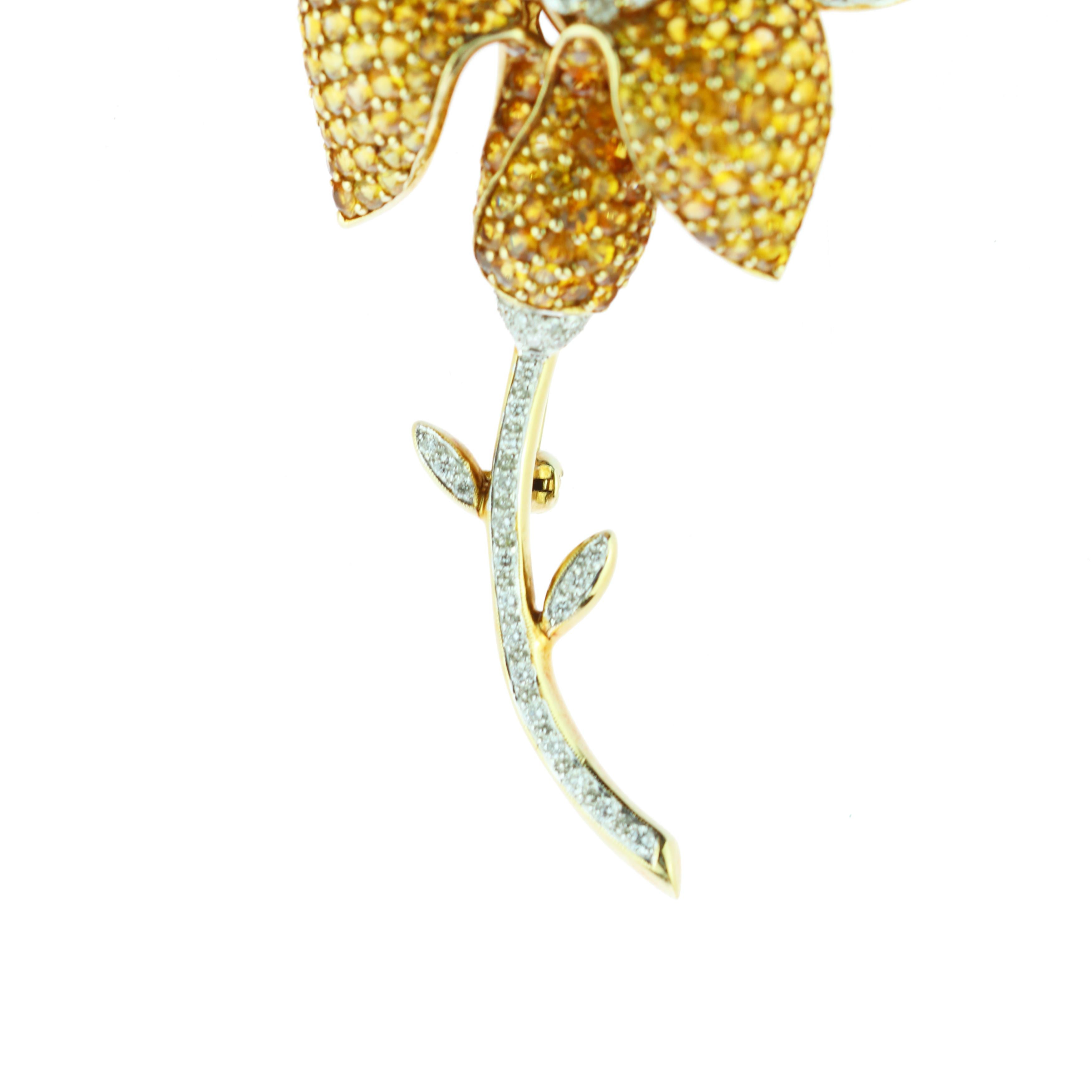 Diamond Pave Yellow Sapphire 18 Karat Gold Flower Brooch For Sale 4