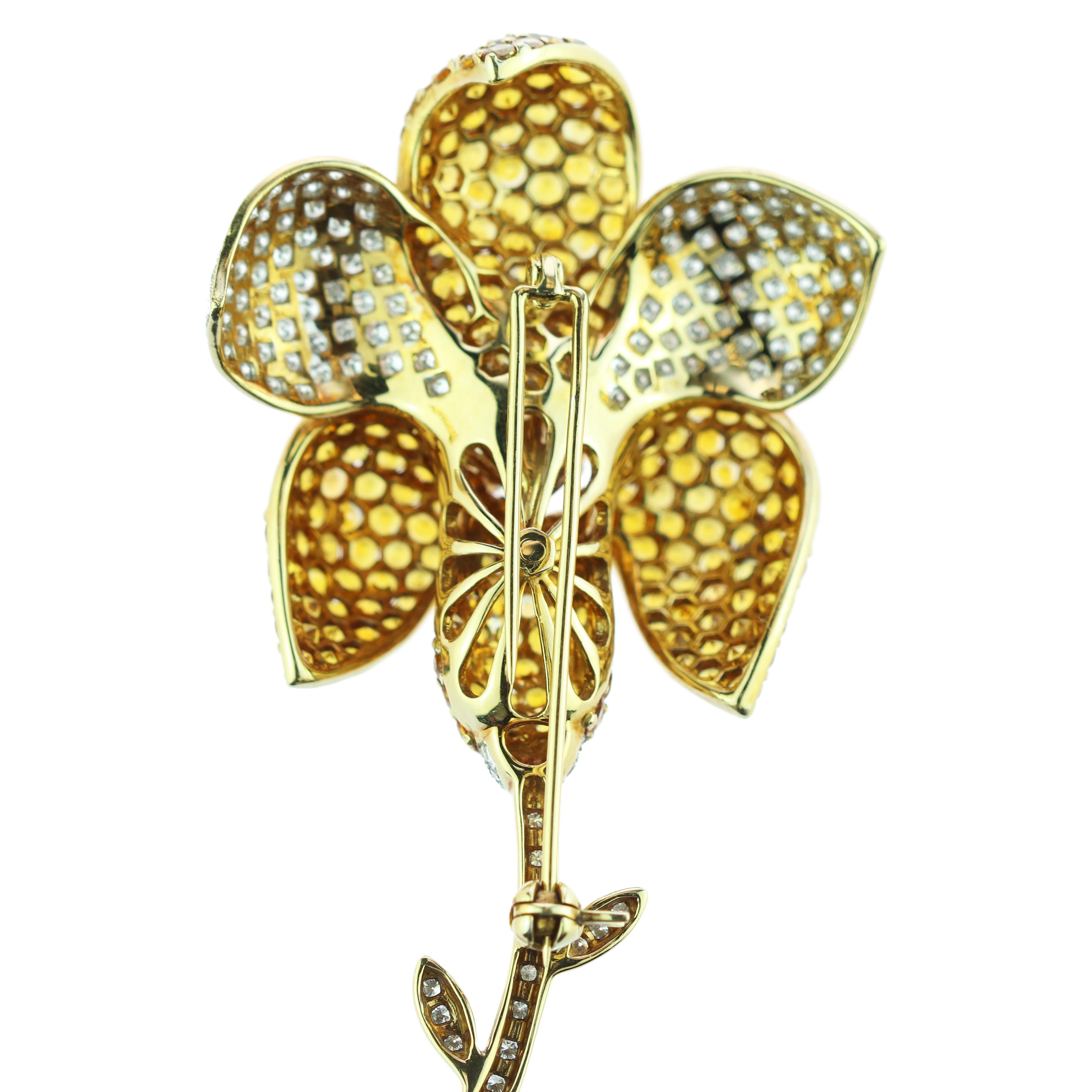 Diamond Pave Yellow Sapphire 18 Karat Gold Flower Brooch For Sale 1